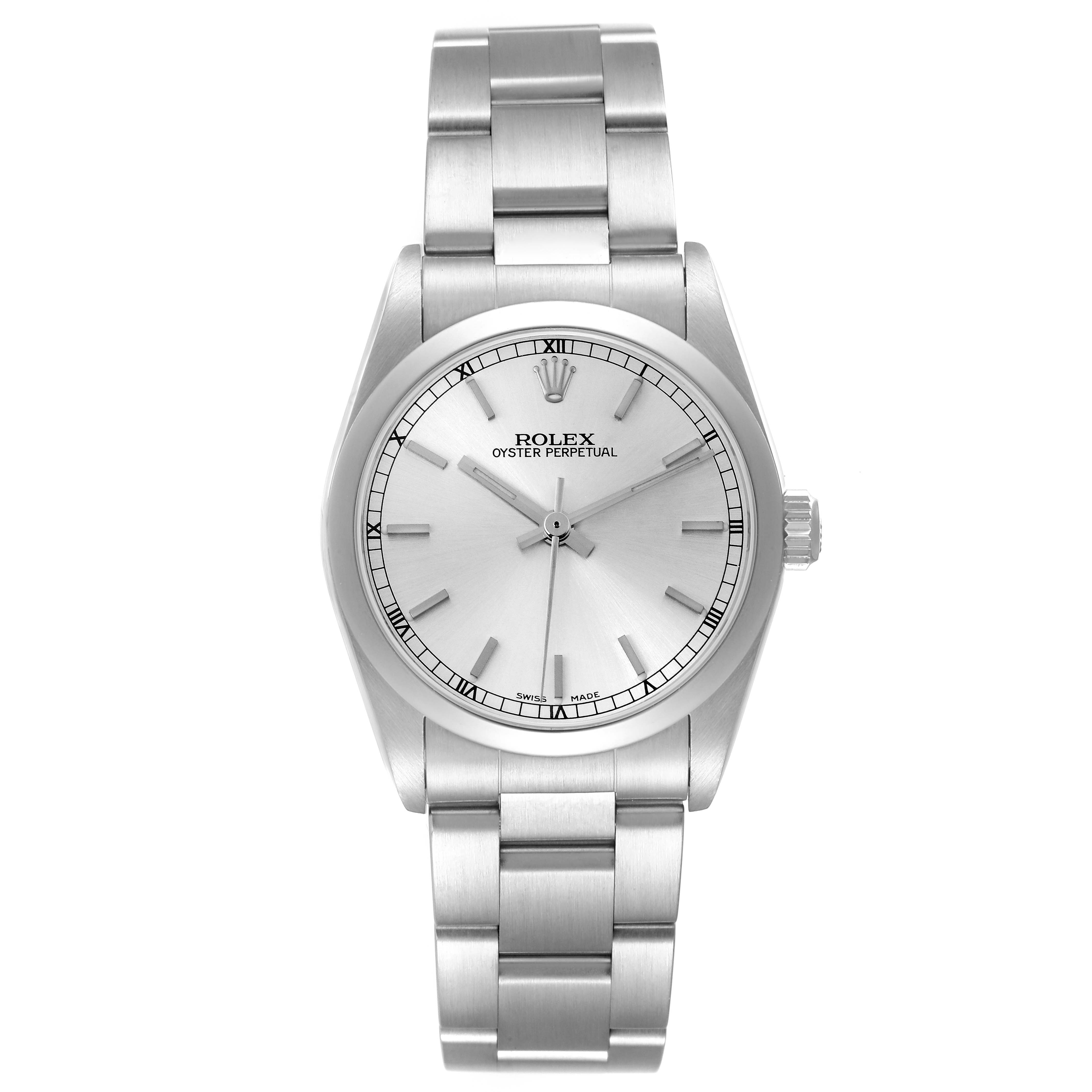 The Rolex Mid-Size 77080 Women's Stainless Steel Silver Dial 77080 Women's Stainless Steel Silver Dial watch is shown from a top angle, highlighting the dial, bezel, and bracelet.