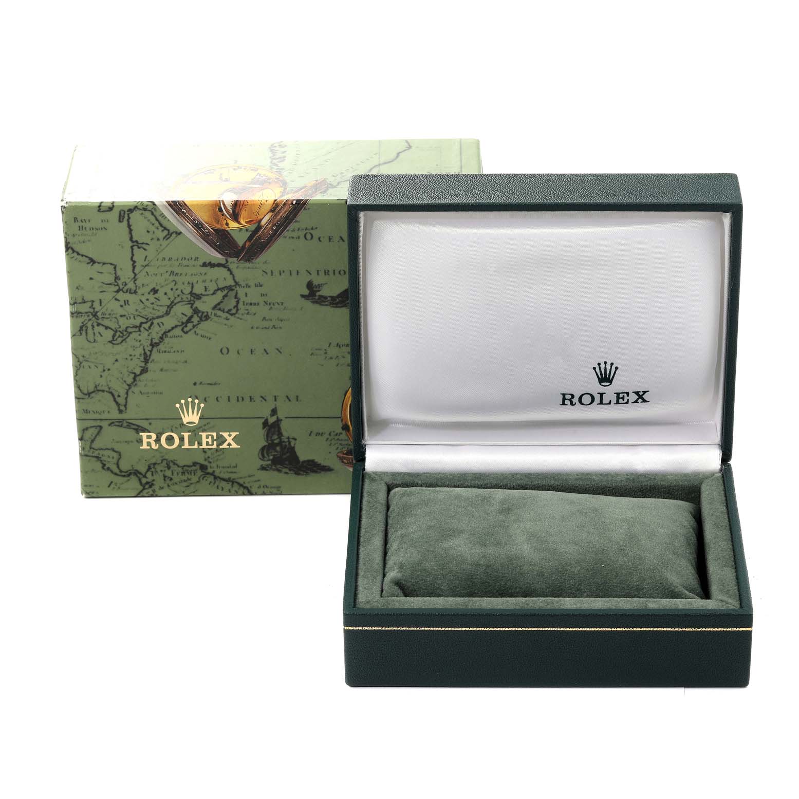 The image shows an empty Rolex Oyster Perpetual 76080 Women
s Stainless Steel Silver Dial 76080 Women
s Stainless Steel Silver Dial watch box and outer display box, both bearing the Rolex logo.