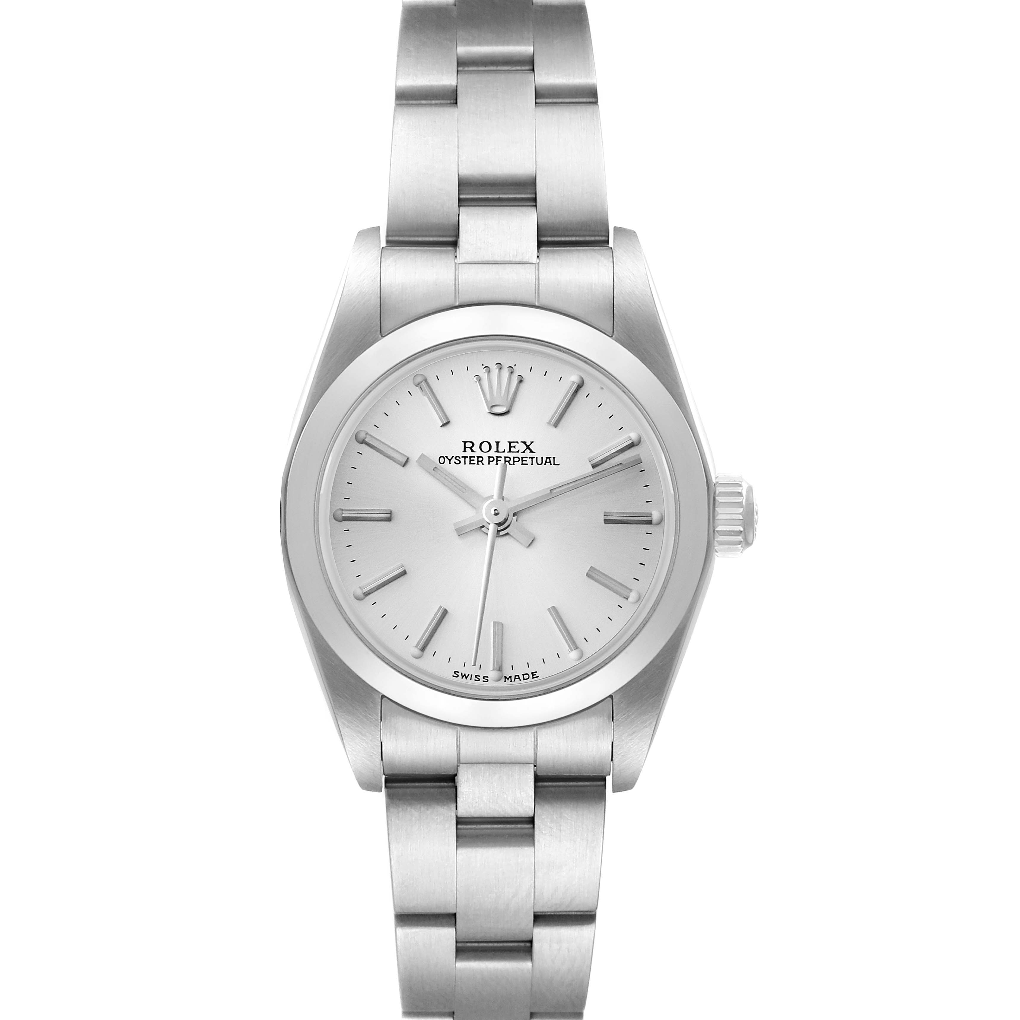 The image shows a front view of the Rolex Oyster Perpetual 76080 Women
s Stainless Steel Silver Dial 76080 Women
s Stainless Steel Silver Dial watch, highlighting the face, bezel, and bracelet.
