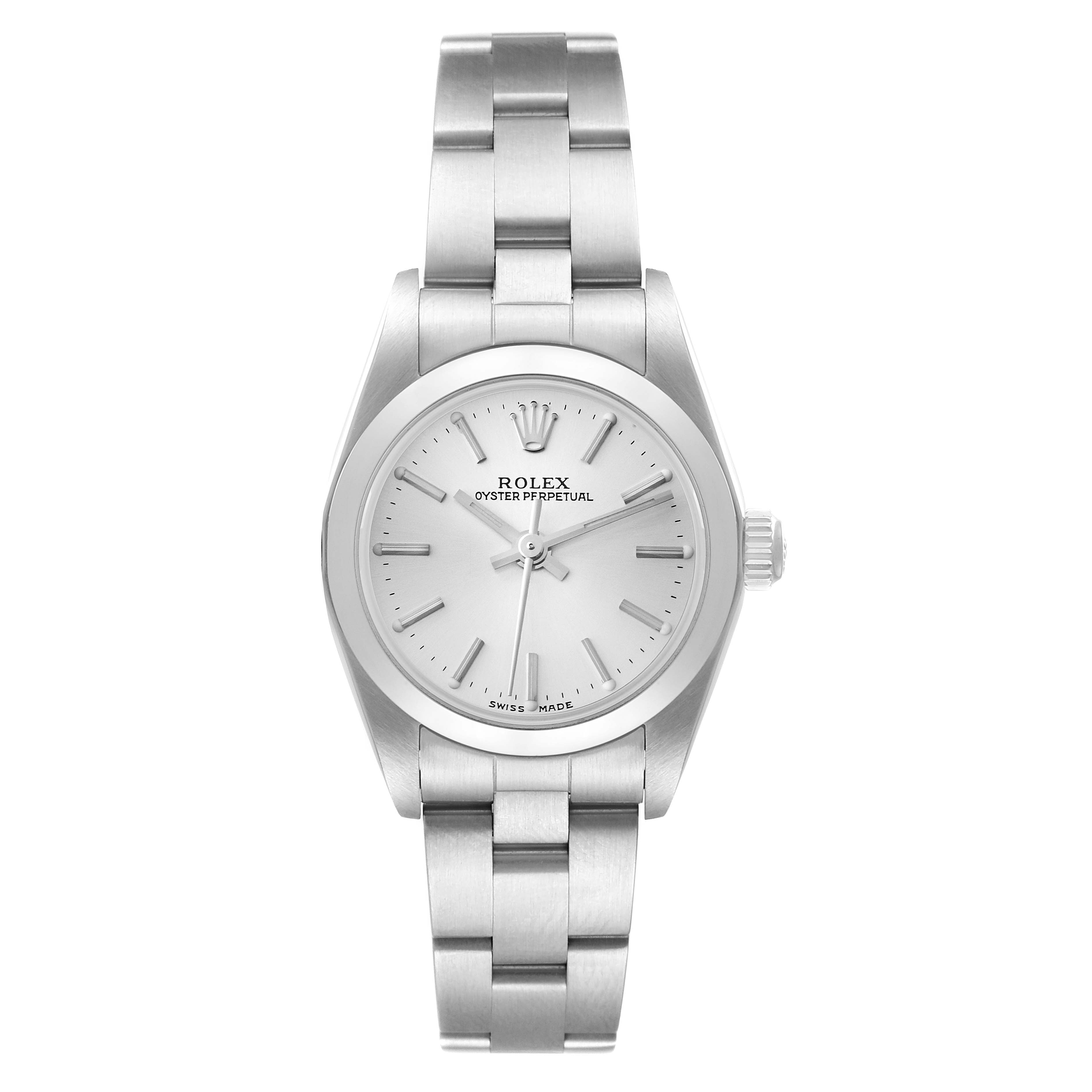 This image shows a front view of a Rolex Oyster Perpetual 76080 Women
s Stainless Steel Silver Dial 76080 Women
s Stainless Steel Silver Dial watch, displaying its bracelet, dial, and crown.