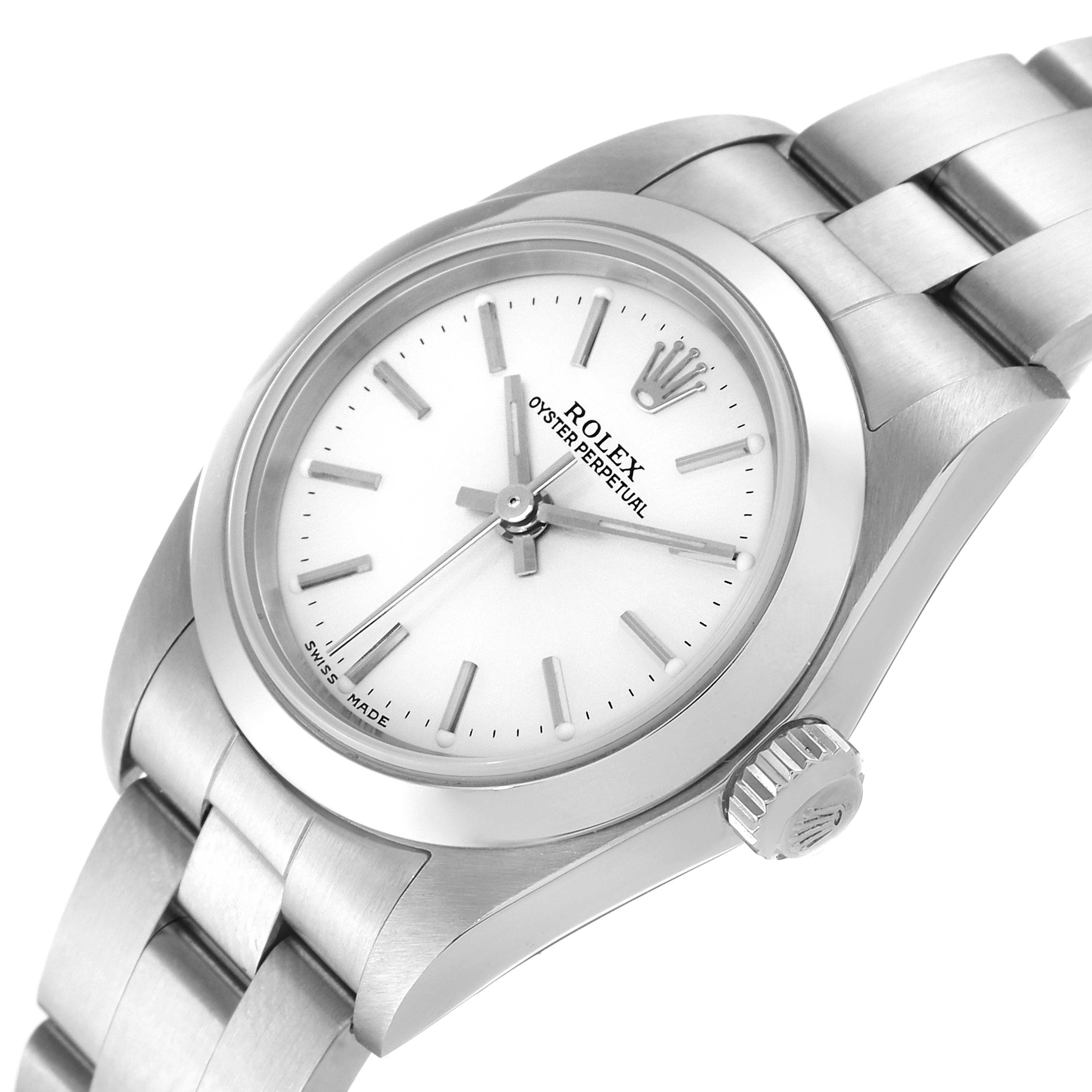 The image shows a Rolex Oyster Perpetual 76080 Women
s Stainless Steel Silver Dial 76080 Women
s Stainless Steel Silver Dial watch at a slight angle, highlighting the face, bezel, crown, and bracelet.