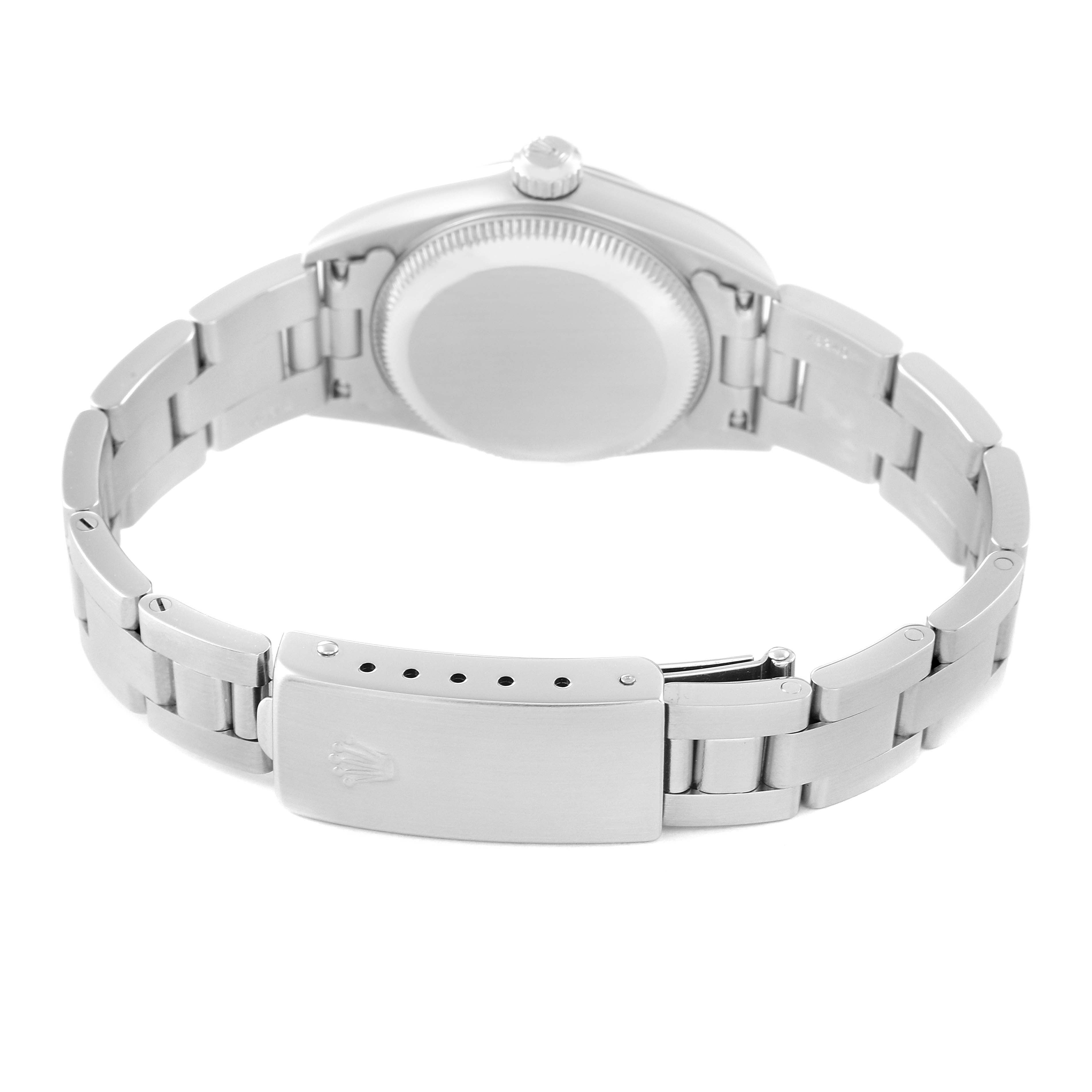 The image shows the back view of the Rolex Oyster Perpetual 76080 Women
s Stainless Steel Silver Dial 76080 Women
s Stainless Steel Silver Dial watch, focusing on the bracelet and clasp.
