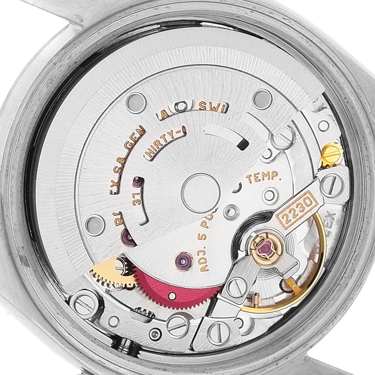 This image shows a close-up view of the movement and inner workings of a Rolex Oyster Perpetual 76080 Women
s Stainless Steel Silver Dial 76080 Women
s Stainless Steel Silver Dial watch.