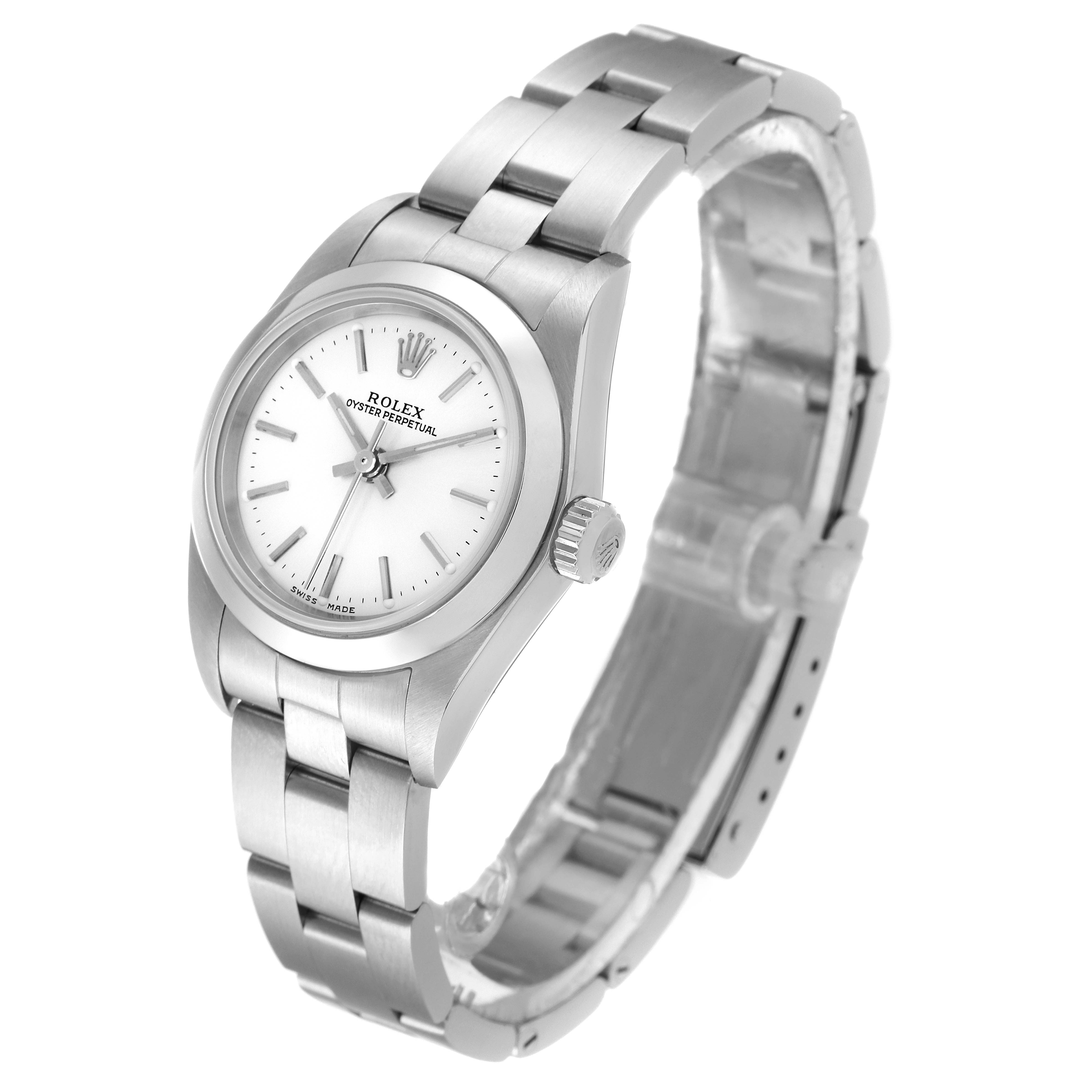 This image shows the Rolex Oyster Perpetual 76080 Women
s Stainless Steel Silver Dial 76080 Women
s Stainless Steel Silver Dial watch at a slight angle, displaying the dial, bracelet, and crown.