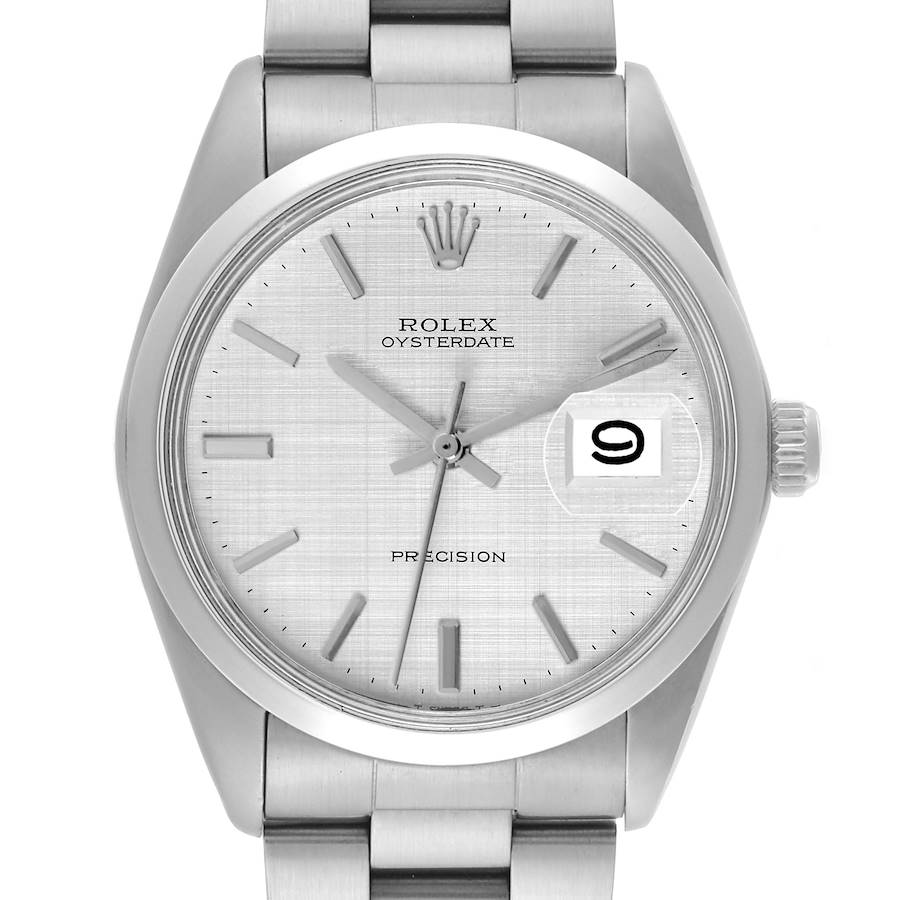 The Rolex Vintage Collection watch is shown from a front angle, displaying its face, bezel, crown, and part of its bracelet.