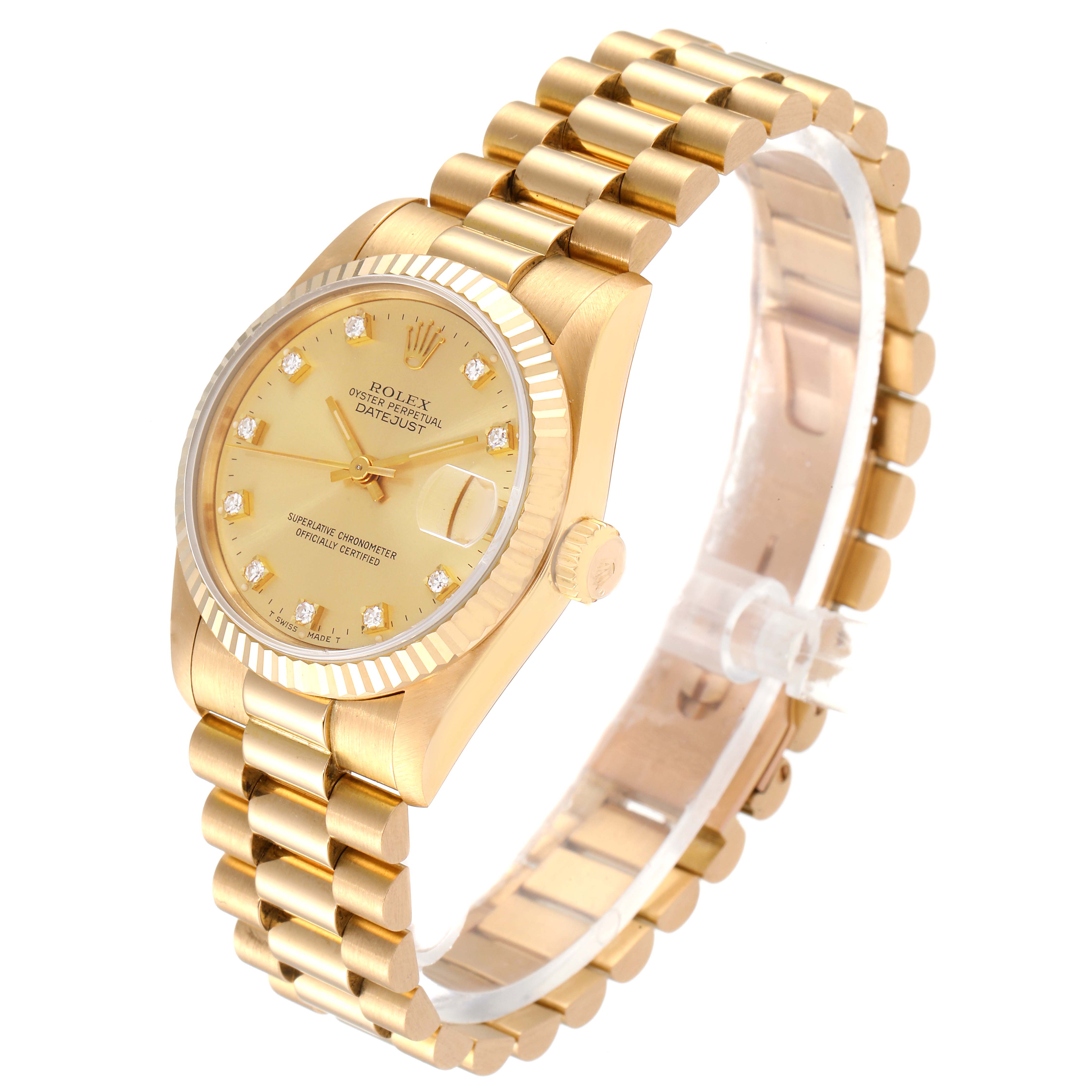 The image shows a Rolex President 68278 Women's Yellow Gold Champagne Dial 68278 Women's Yellow Gold Champagne Dial model watch at an oblique angle displaying its gold band, face, and side crown.