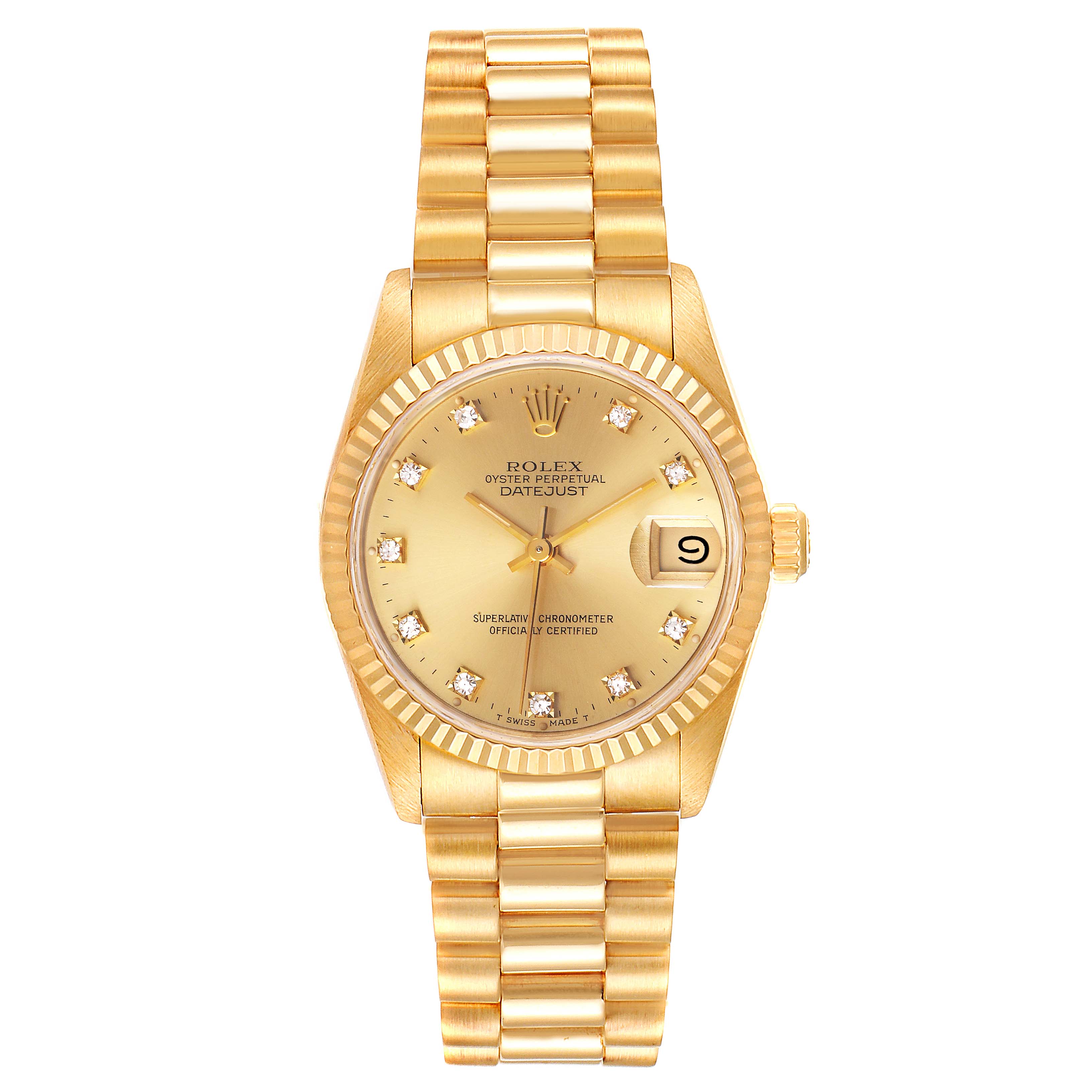 Rolex President Datejust 31 Midsize Yellow Gold Diamond Ladies Watch ...