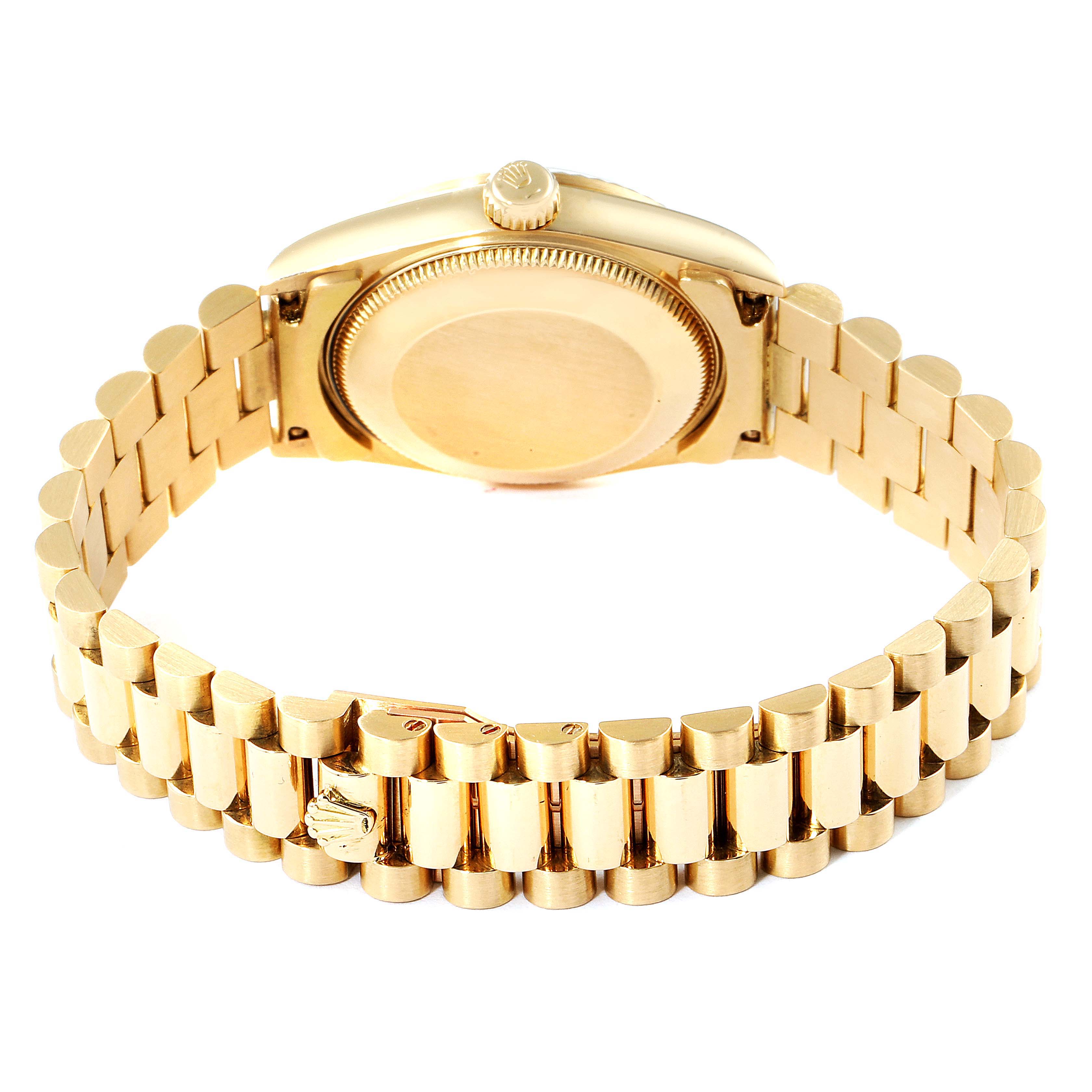 This image shows the backside of a Rolex President 68278 Women's Yellow Gold Champagne Dial 68278 Women's Yellow Gold Champagne Dial model watch, highlighting its golden case and bracelet.