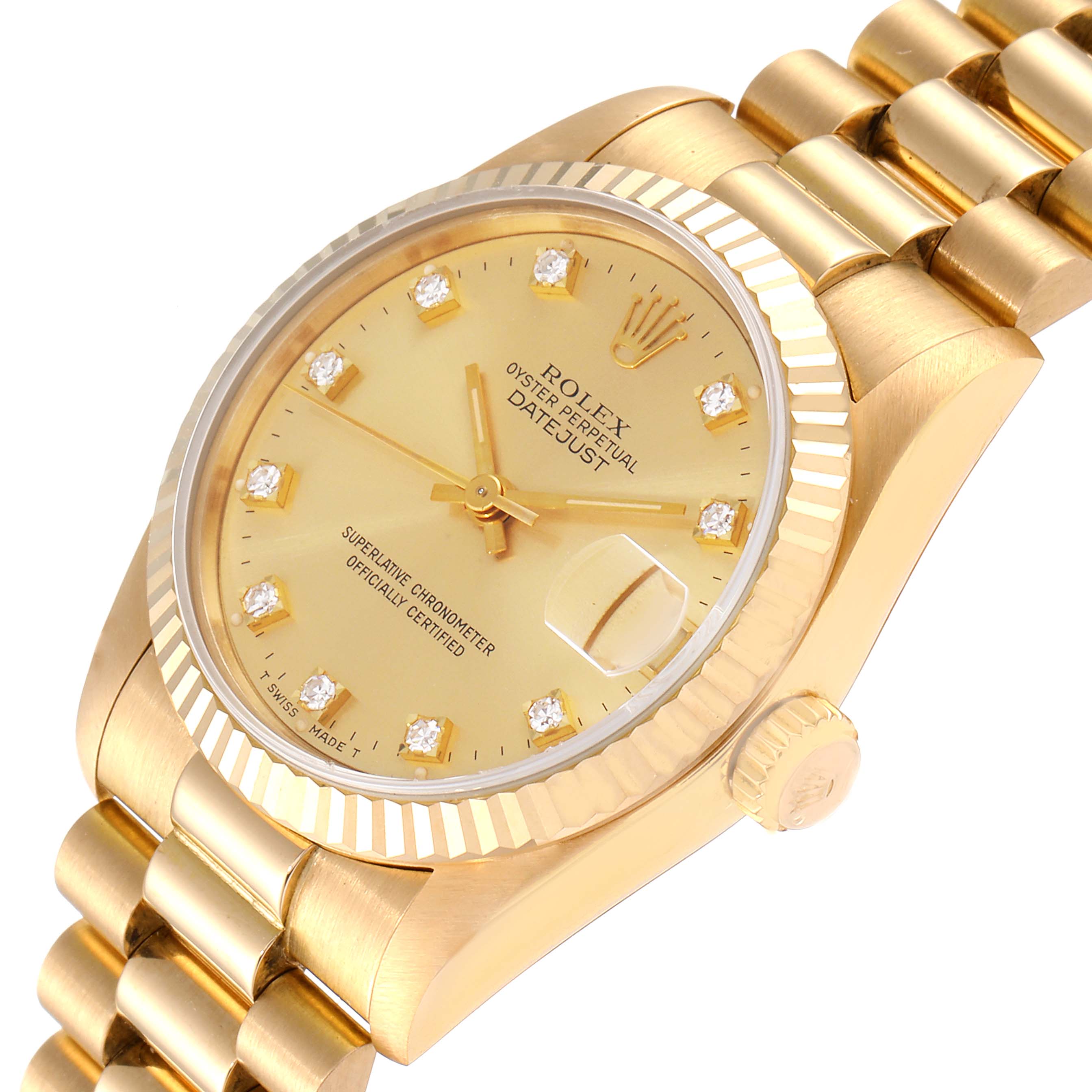 The image shows a Rolex President 68278 Women's Yellow Gold Champagne Dial 68278 Women's Yellow Gold Champagne Dial model watch, angled to highlight the dial, bezel, and part of the bracelet.