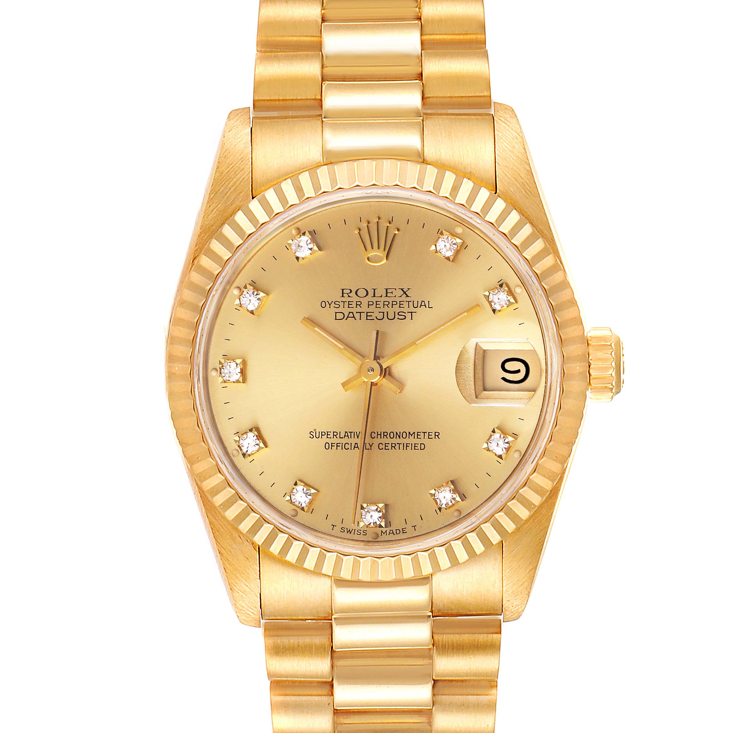 Rolex President Datejust 31 Midsize Yellow Gold Diamond Ladies Watch ...