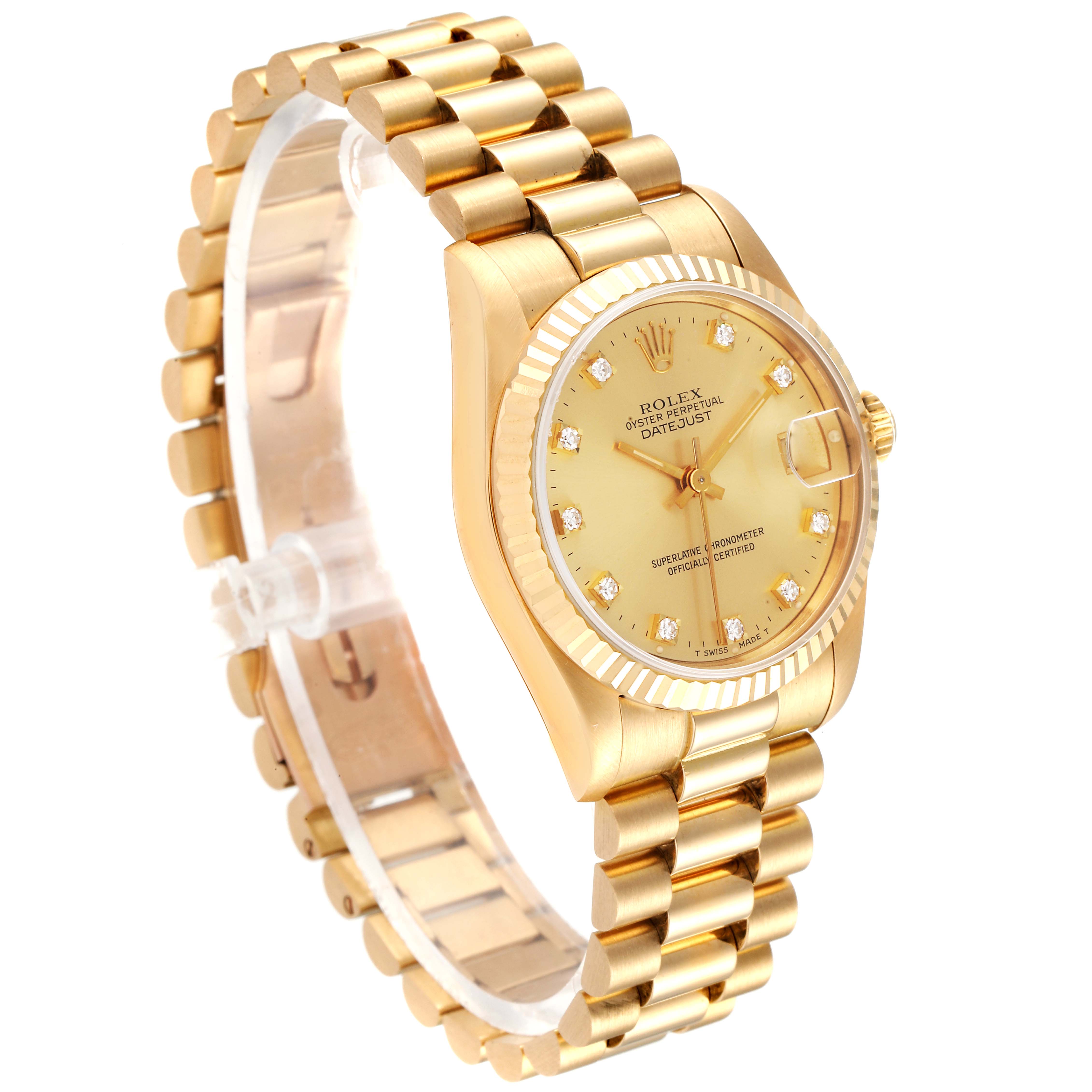 The Rolex President 68278 Women's Yellow Gold Champagne Dial 68278 Women's Yellow Gold Champagne Dial model watch is shown from a three-quarter angle, featuring its gold bracelet, dial, and fluted bezel.