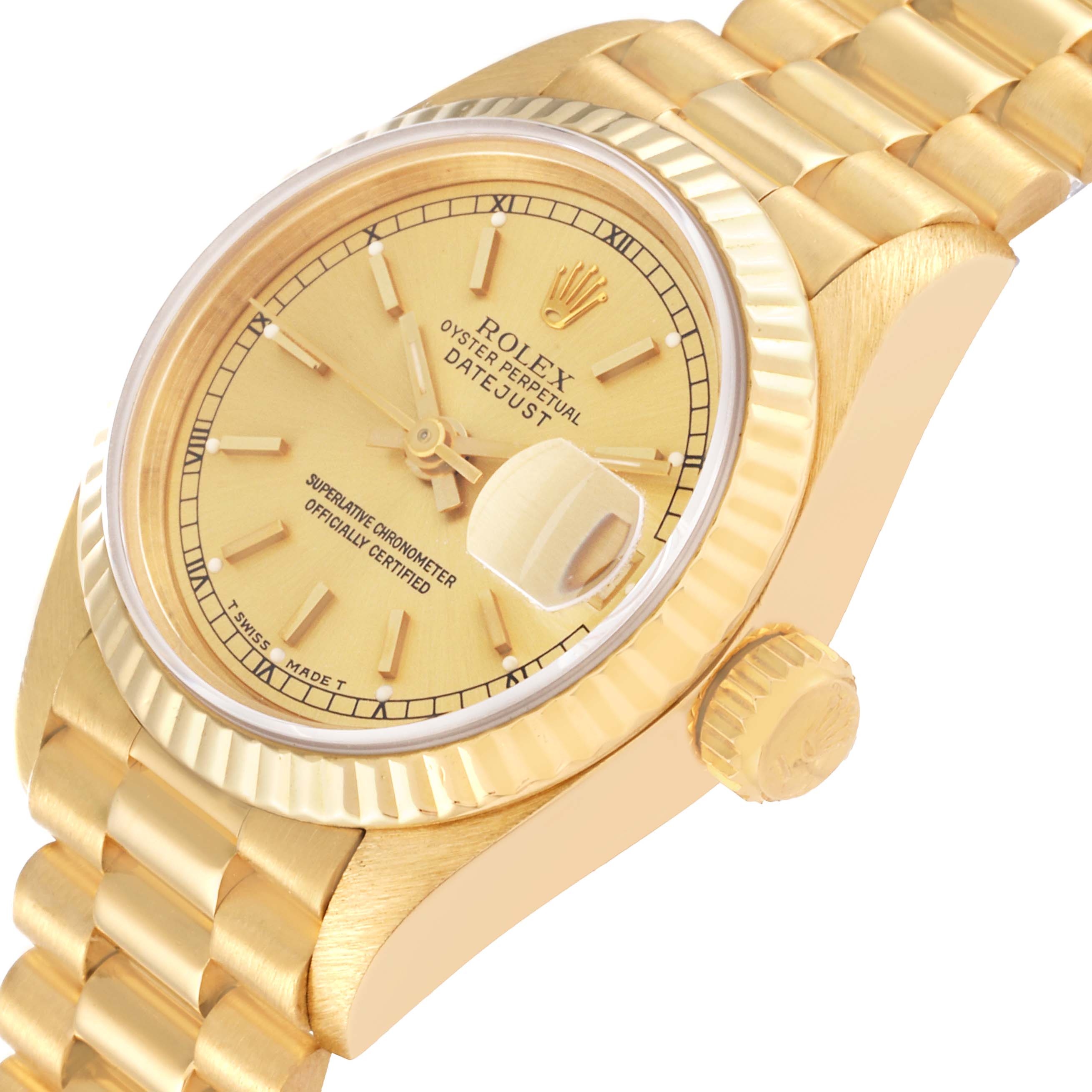 This image showcases a side angle of a Rolex President 69178 Women's Yellow Gold Champagne Dial 69178 Women's Yellow Gold Champagne Dial Datejust watch, focusing on its gold dial, bezel, bracelet, and crown.