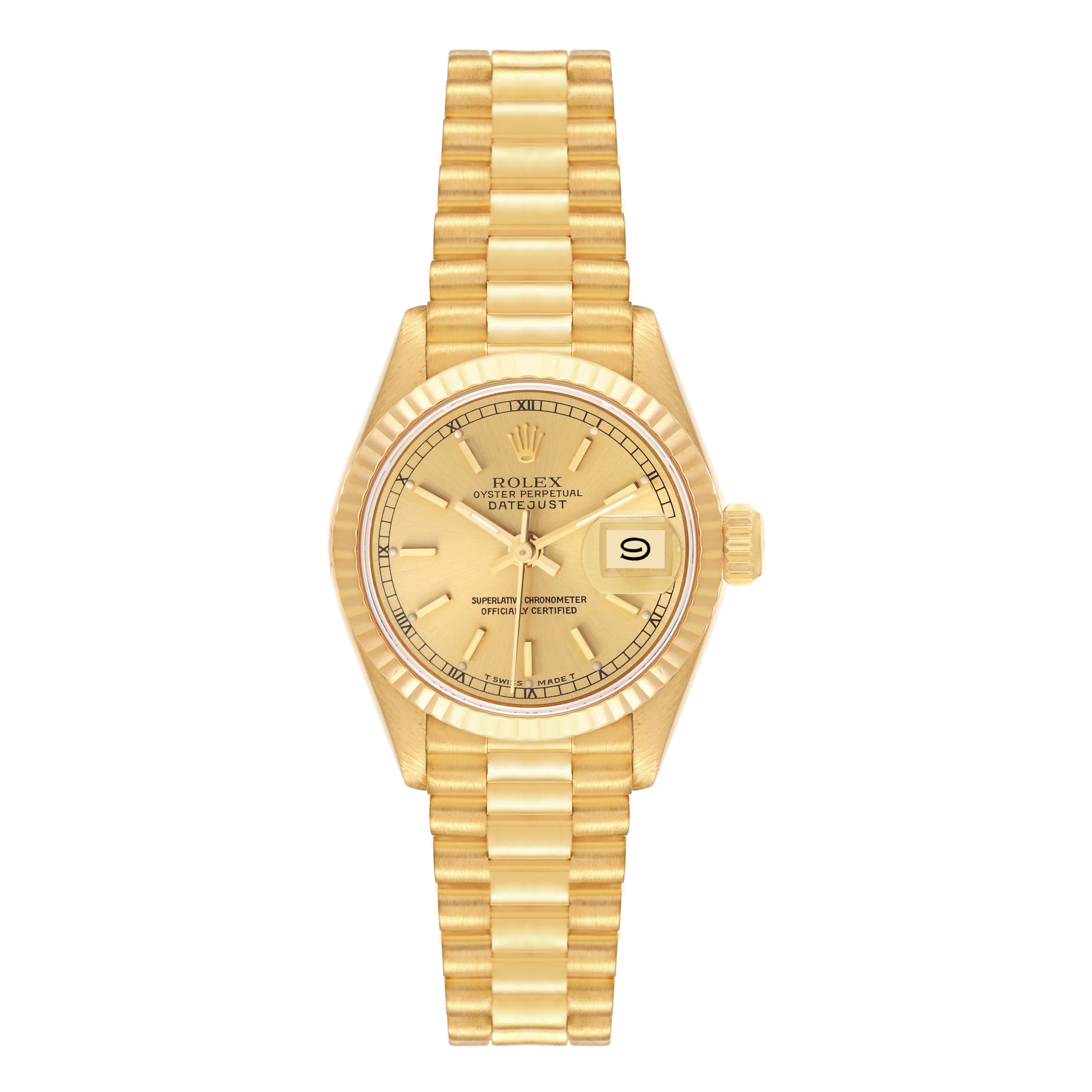 The image shows the full front view of a Rolex President 69178 Women's Yellow Gold Champagne Dial 69178 Women's Yellow Gold Champagne Dial model watch, displaying the dial, bracelet, and date function.