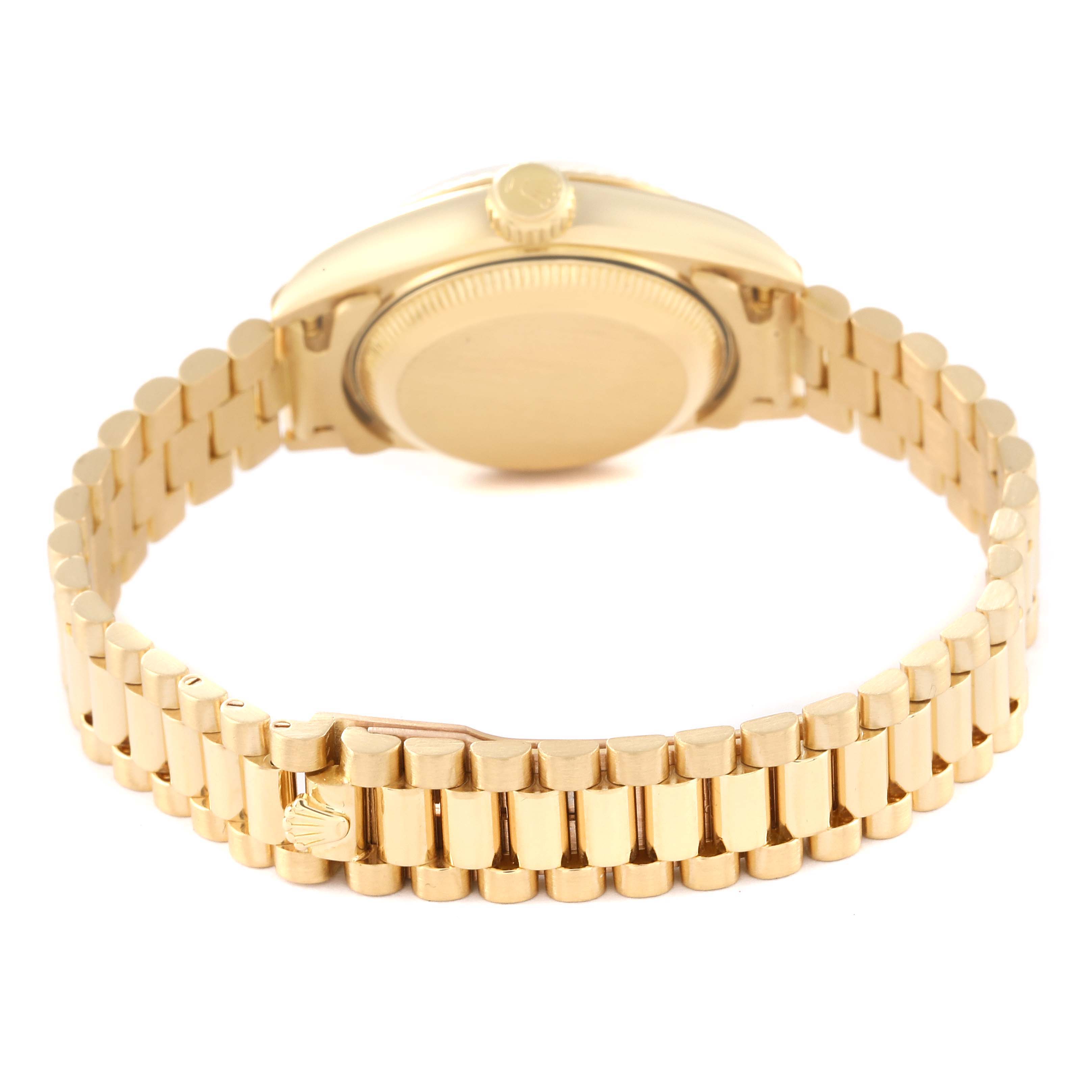 This image shows the back case and bracelet of a Rolex President 69178 Women's Yellow Gold Champagne Dial 69178 Women's Yellow Gold Champagne Dial model watch from a rear angle.