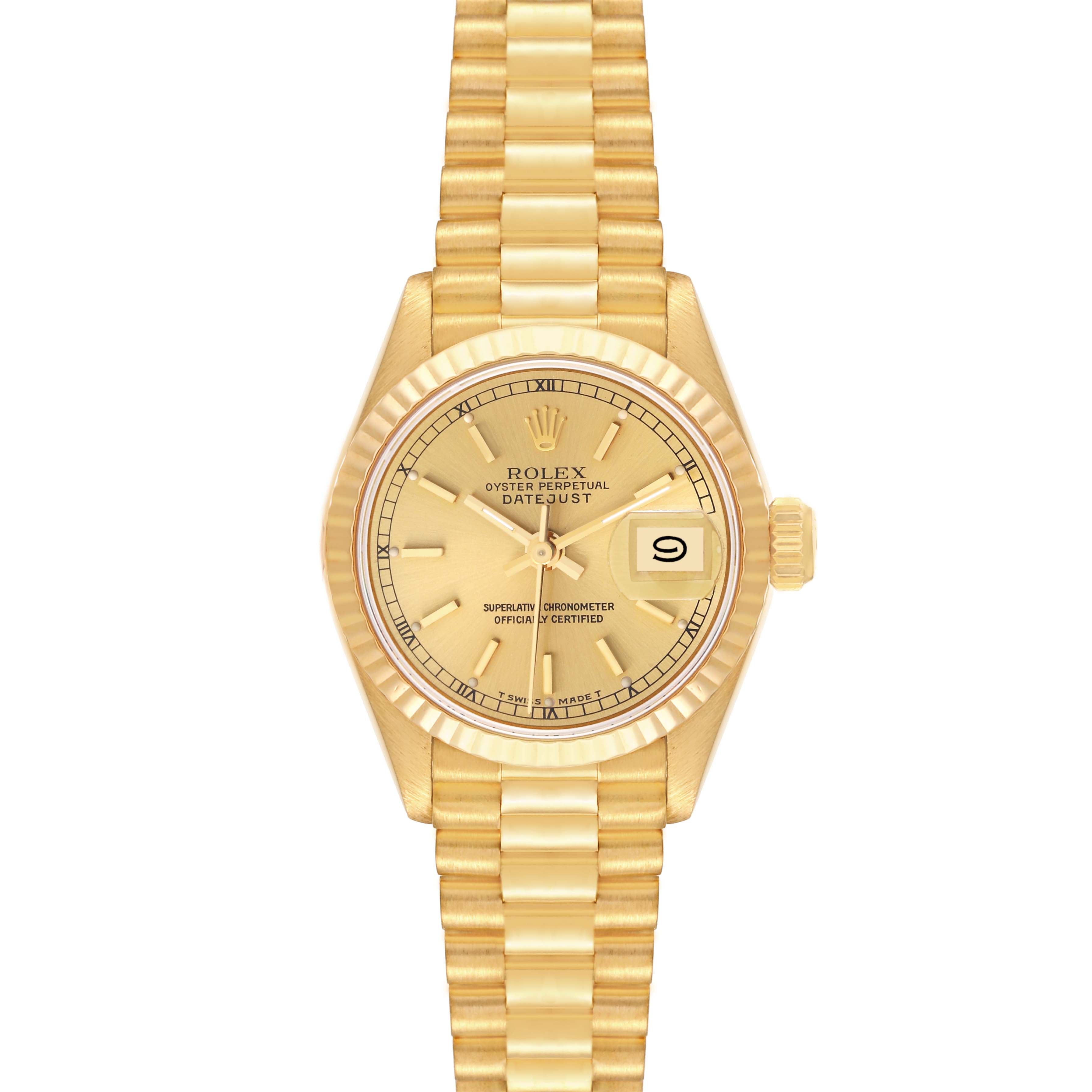 The image shows a Rolex President 69178 Women's Yellow Gold Champagne Dial 69178 Women's Yellow Gold Champagne Dial model watch from a top-down angle, highlighting its gold bracelet and dial.