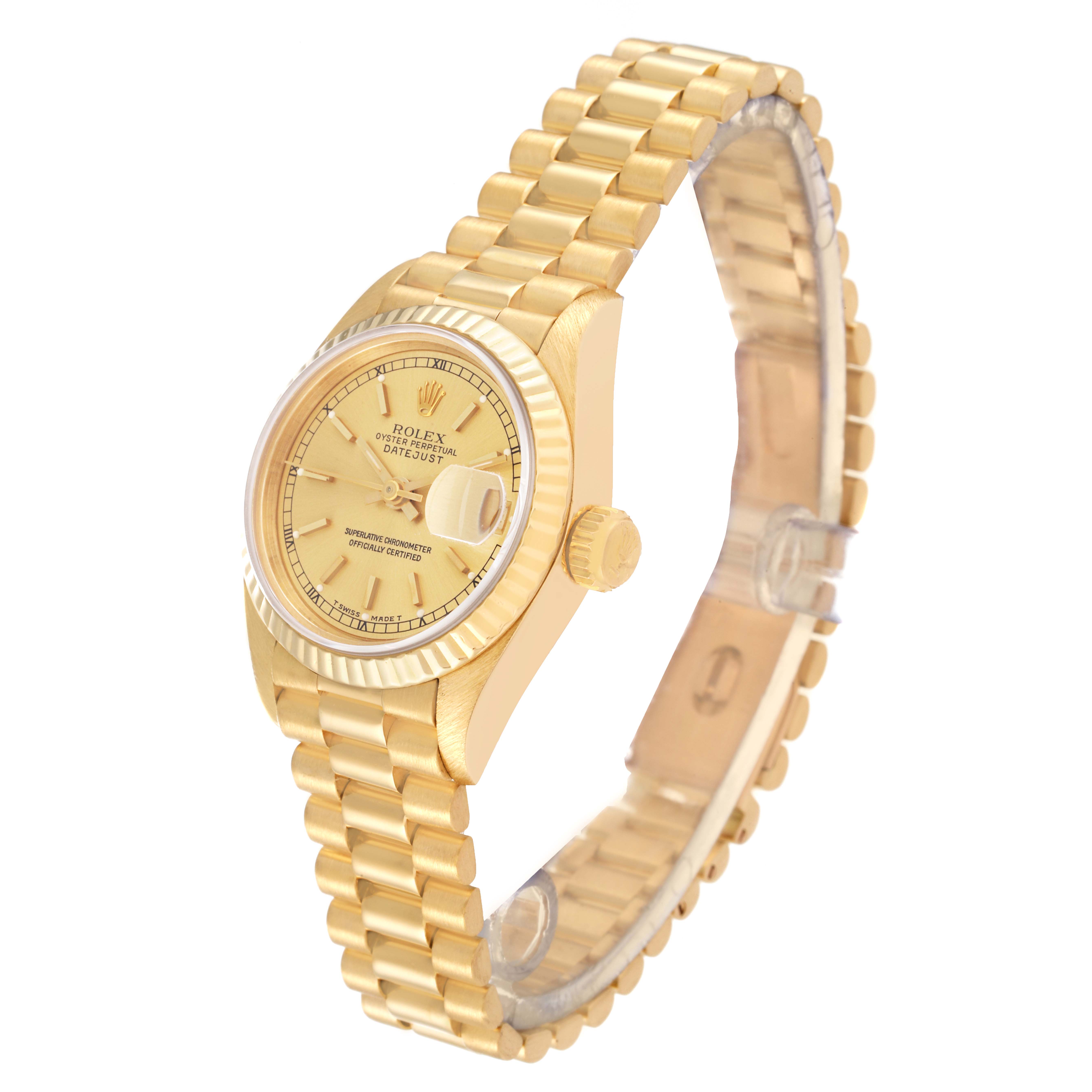 The image shows a Rolex President 69178 Women's Yellow Gold Champagne Dial 69178 Women's Yellow Gold Champagne Dial model watch at a slight angle, displaying its gold bracelet, fluted bezel, and dial with date.