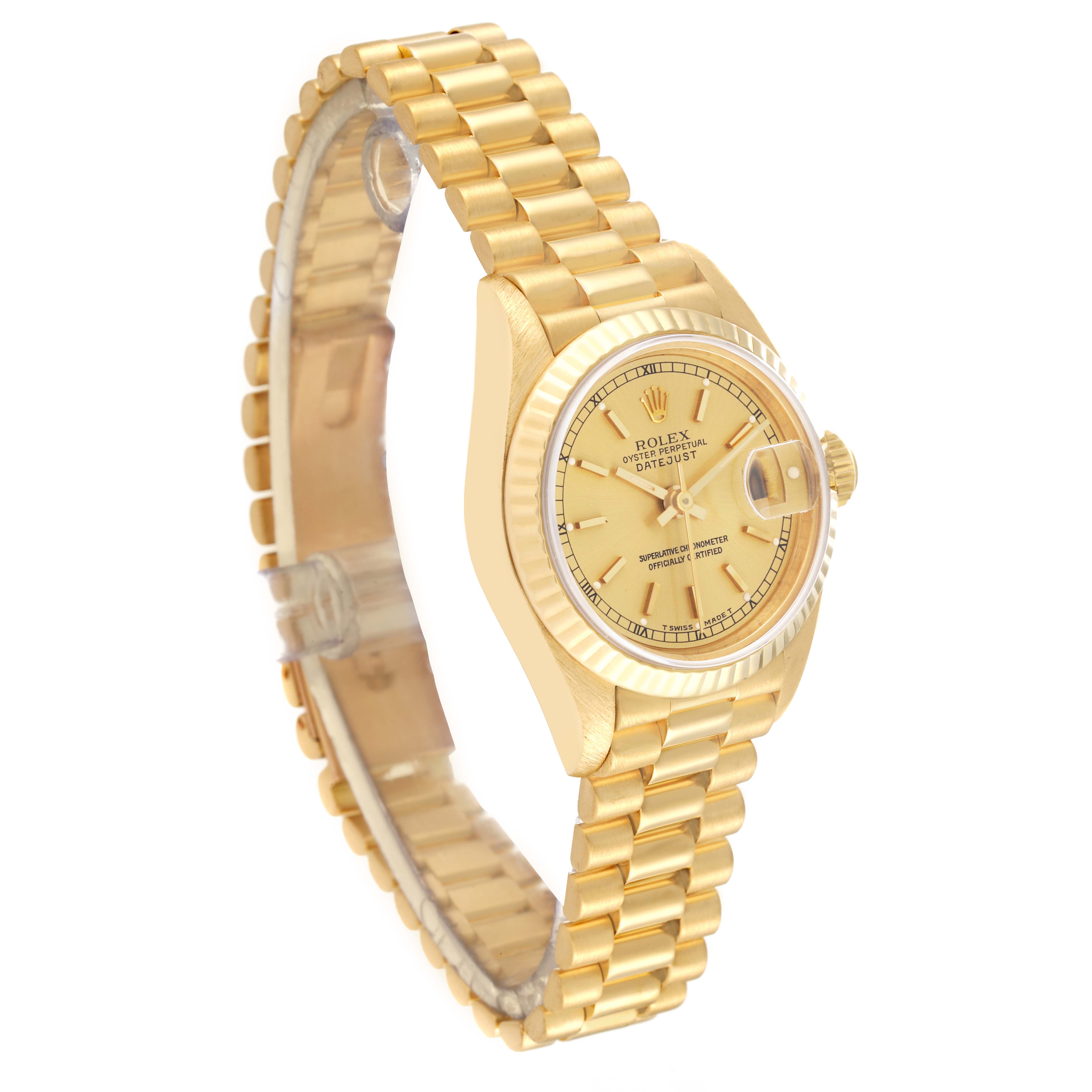 The Rolex President 69178 Women's Yellow Gold Champagne Dial 69178 Women's Yellow Gold Champagne Dial model watch is shown at a slight angle, displaying its gold bracelet, fluted bezel, and dial with date function.