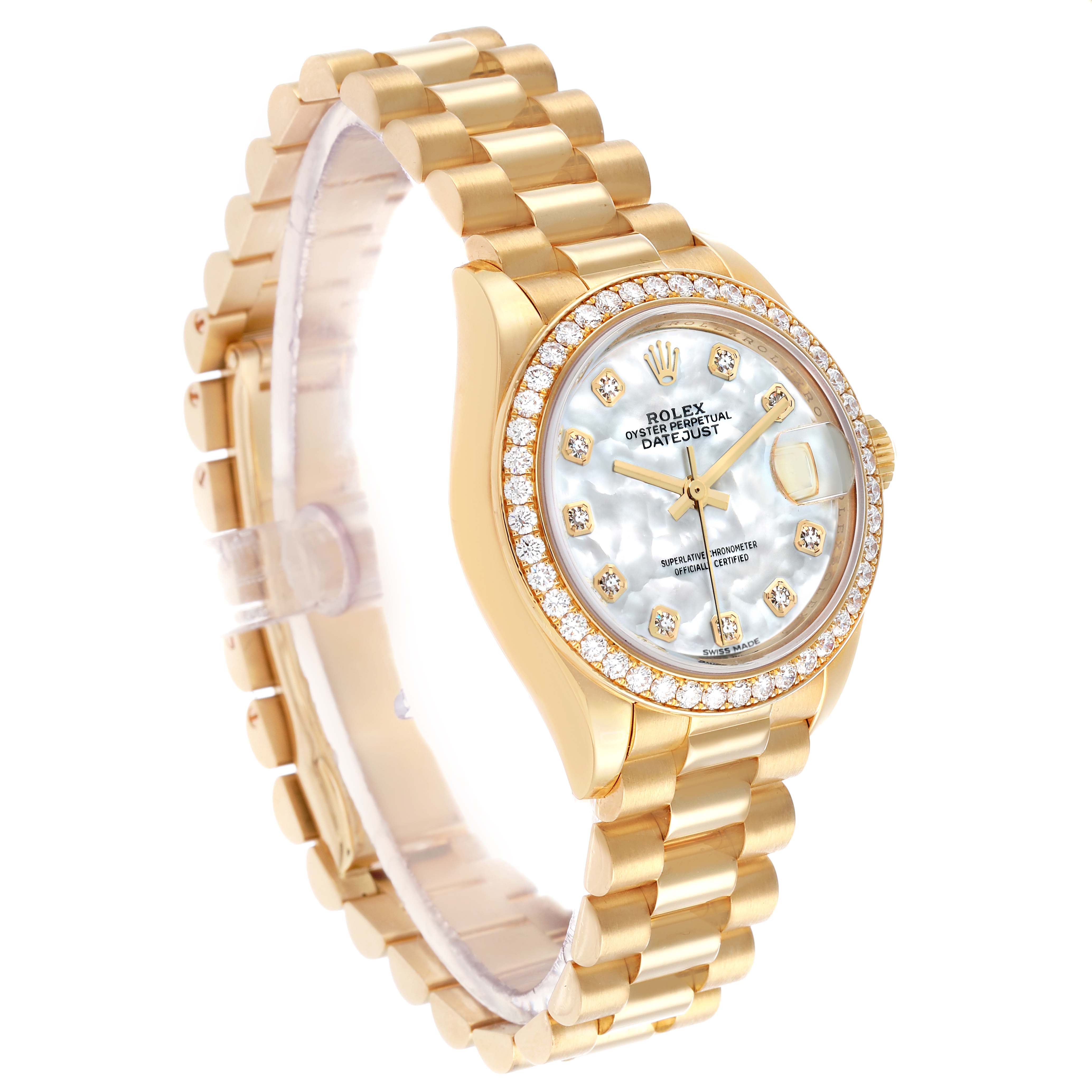 The Rolex President 279138 Women
s Yellow Gold Mother of Pearl Dial model is shown from a three-quarter angle, highlighting the bracelet, bezel, and dial.