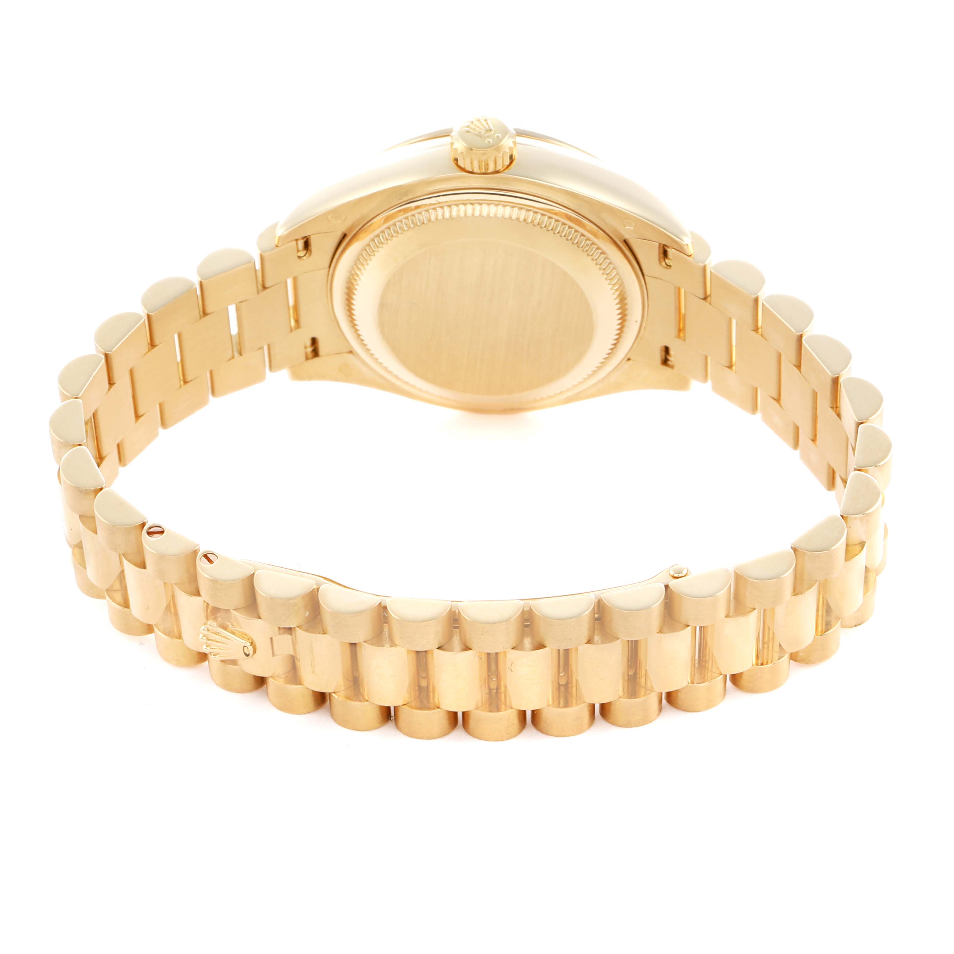 The image shows the back and bracelet of a Rolex President 279138 Women
s Yellow Gold Mother of Pearl Dial model, highlighting the clasp and case back.