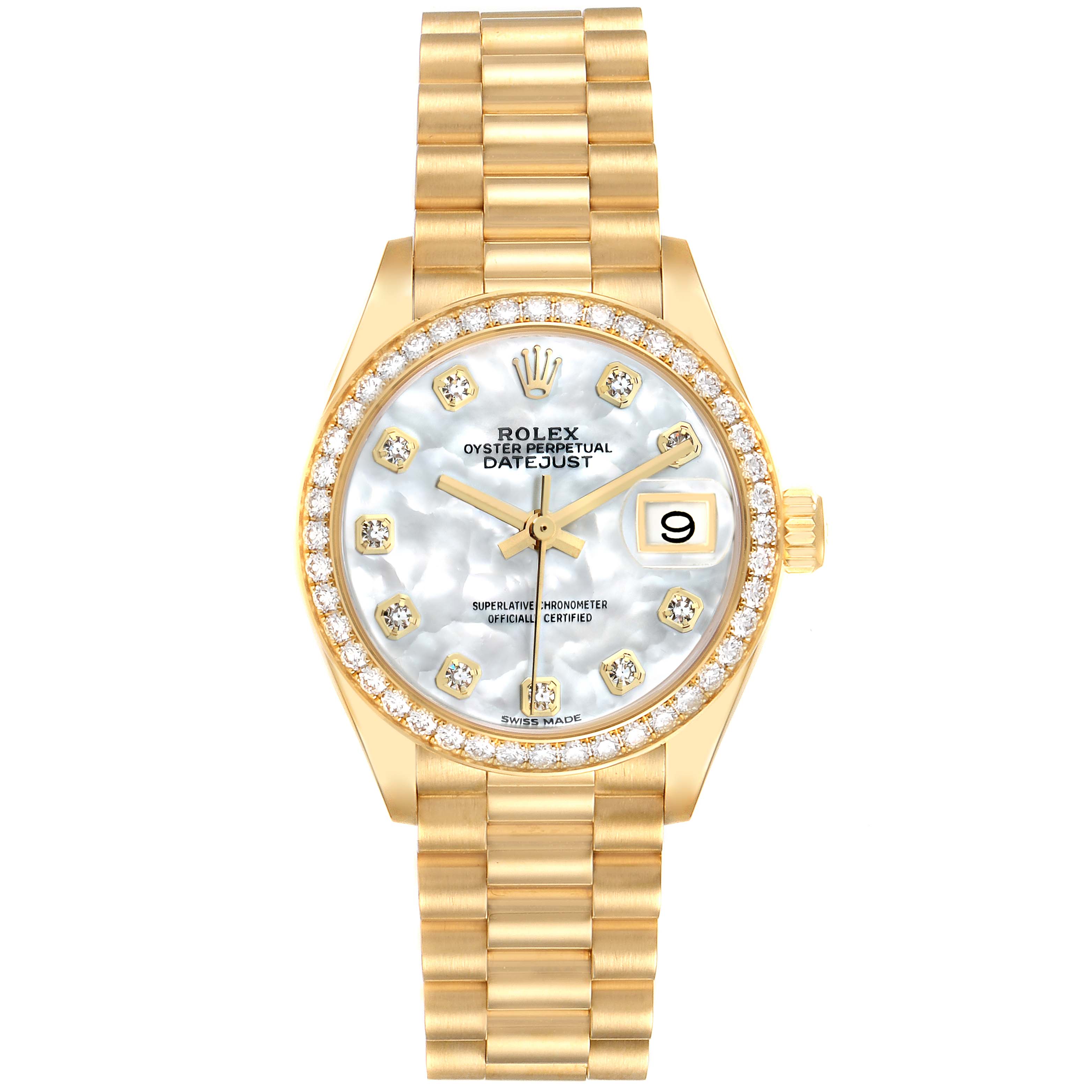 This Rolex President 279138 Women
s Yellow Gold Mother of Pearl Dial model watch is shown from a top view, highlighting its face, bezel, and full bracelet.