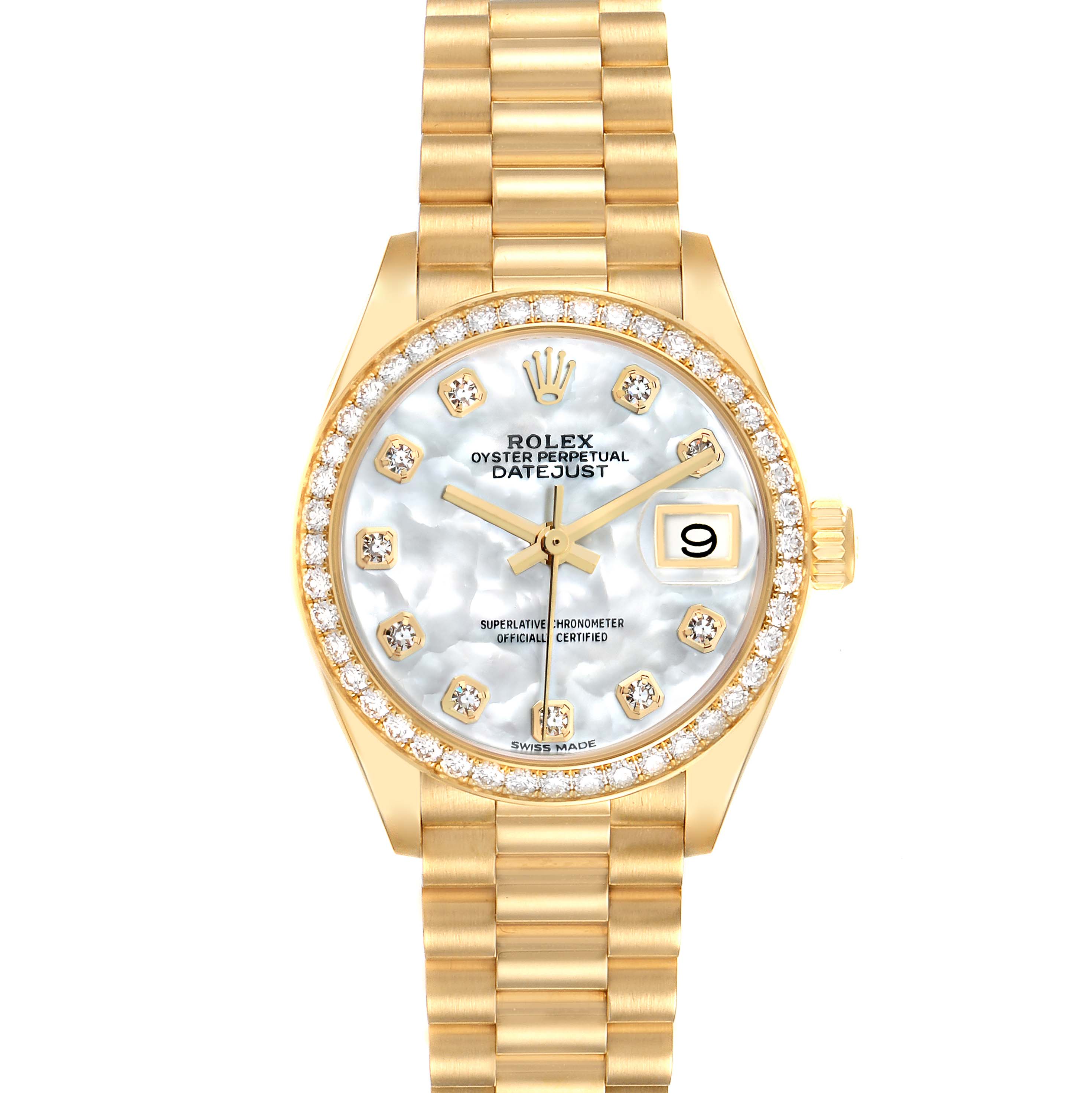 The Rolex President 279138 Women
s Yellow Gold Mother of Pearl Dial model watch is shown from a front angle, featuring a gold bracelet, diamond bezel, and date display.