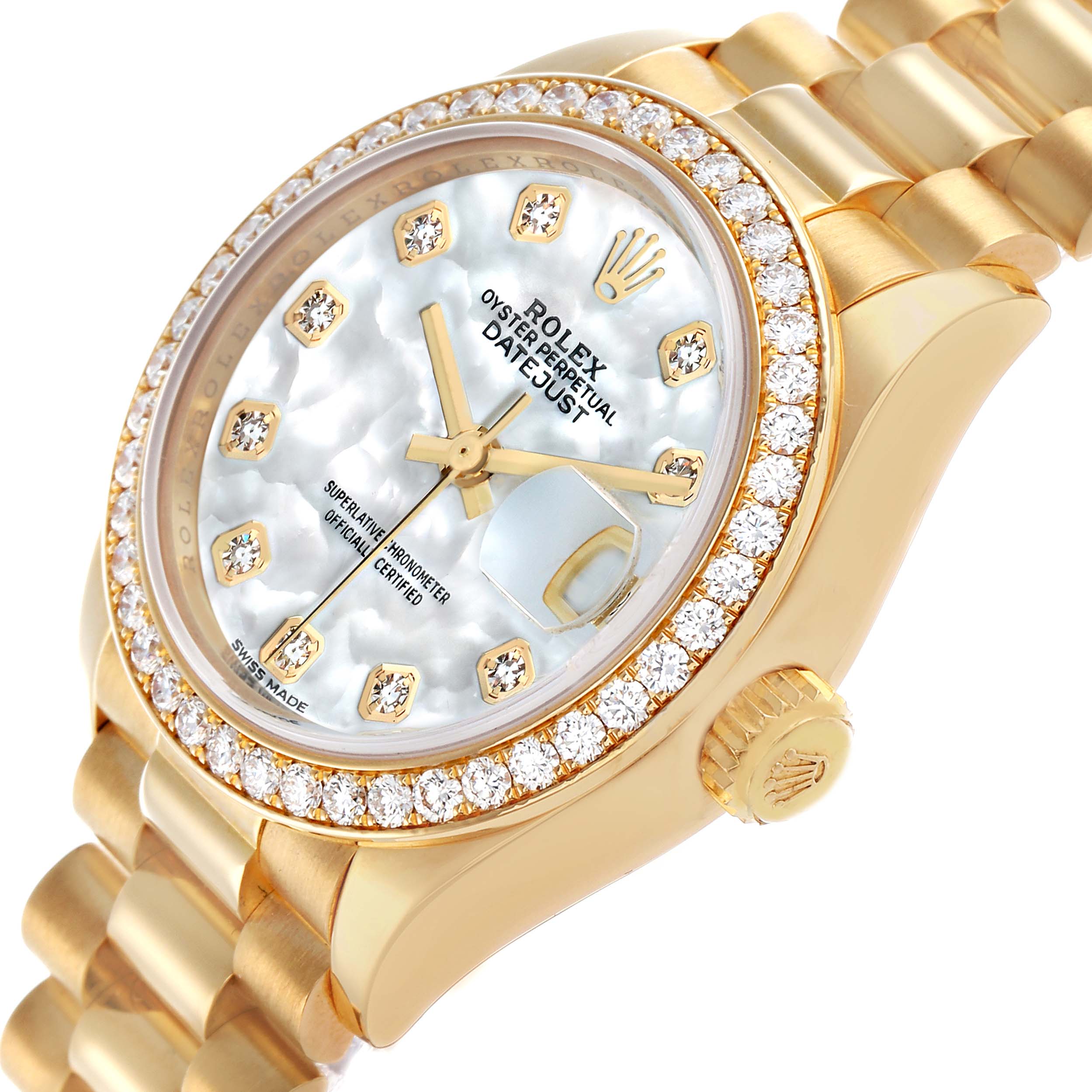 The Rolex President 279138 Women
s Yellow Gold Mother of Pearl Dial model watch is shown from a side angle highlighting the bracelet, bezel, and detailed dial.