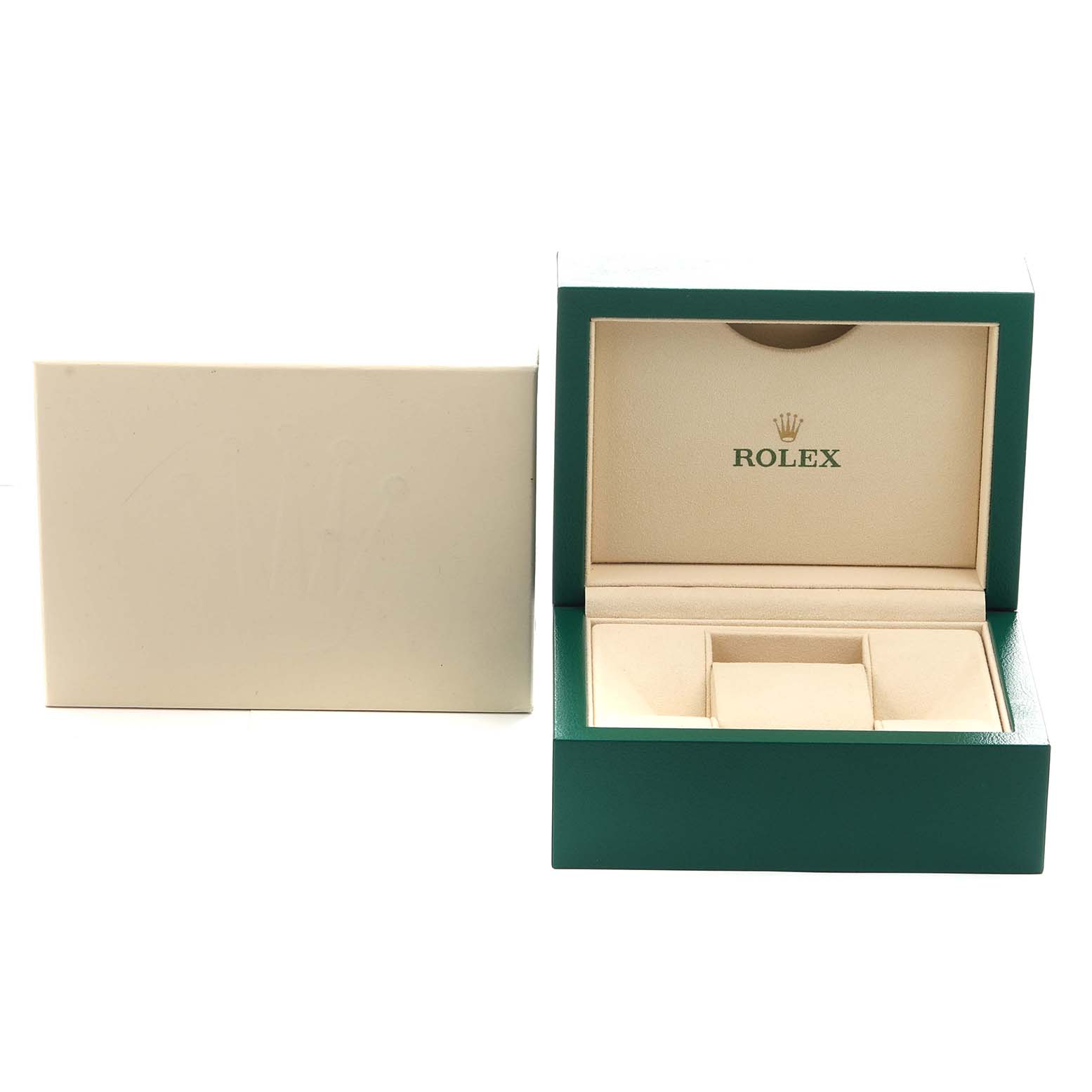 The image shows the open presentation box for a Rolex President 279138 Women
s Yellow Gold Mother of Pearl Dial model, featuring the interior compartments and logo.