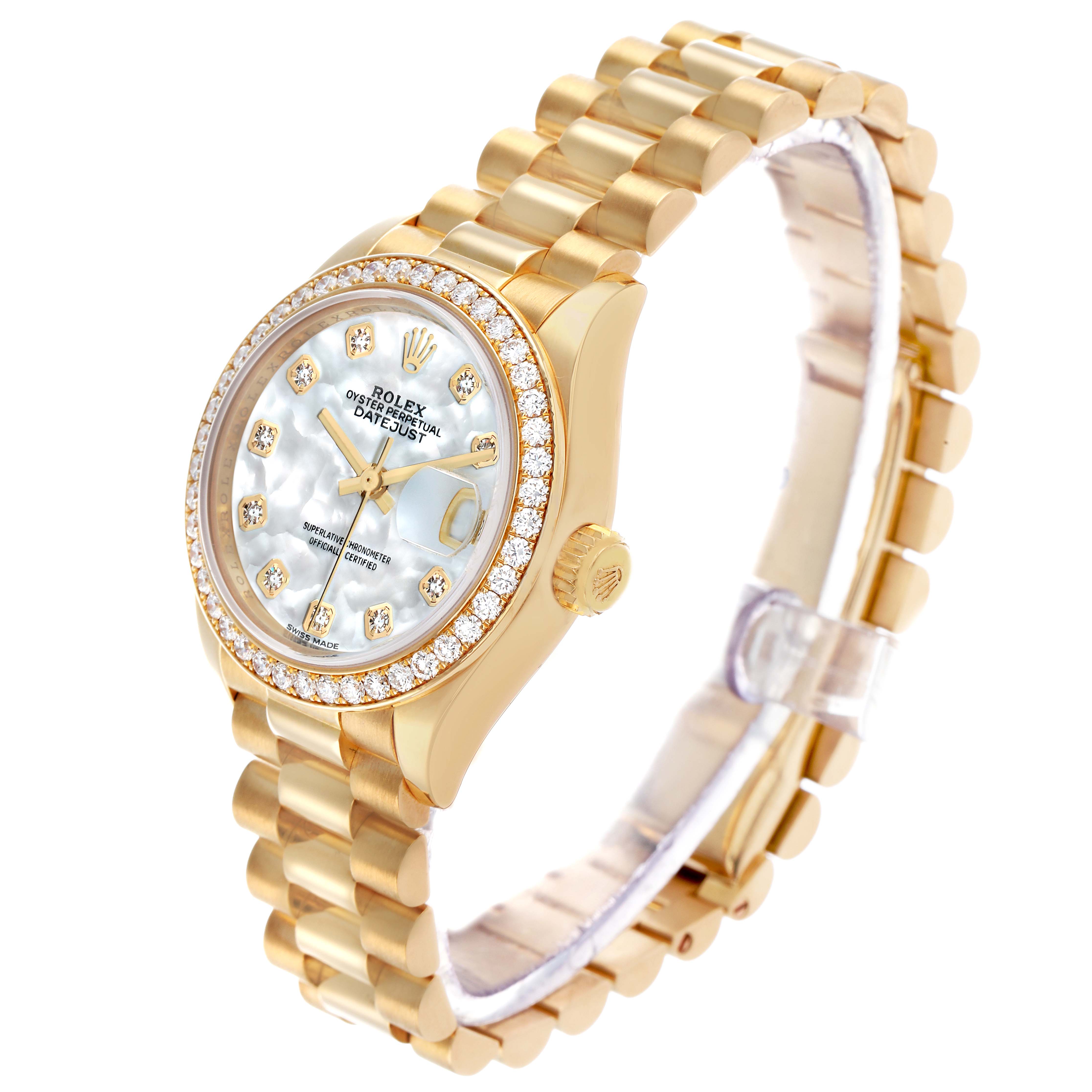 The Rolex President 279138 Women
s Yellow Gold Mother of Pearl Dial model watch is shown at a three-quarter angle, highlighting the dial, diamond bezel, and bracelet.