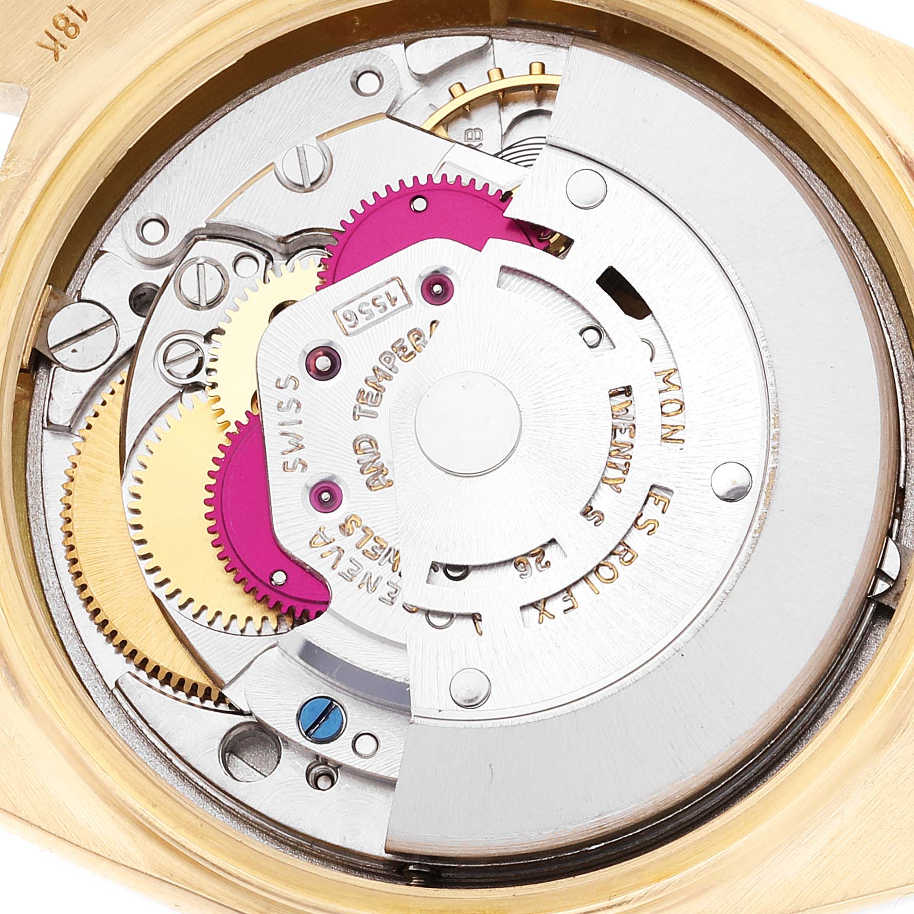 This image shows the inner mechanical movement of a Rolex Milgauss 1803 Men's Yellow Gold Champagne Dial 1803 Men's Yellow Gold Champagne Dial watch from a top-down angle.