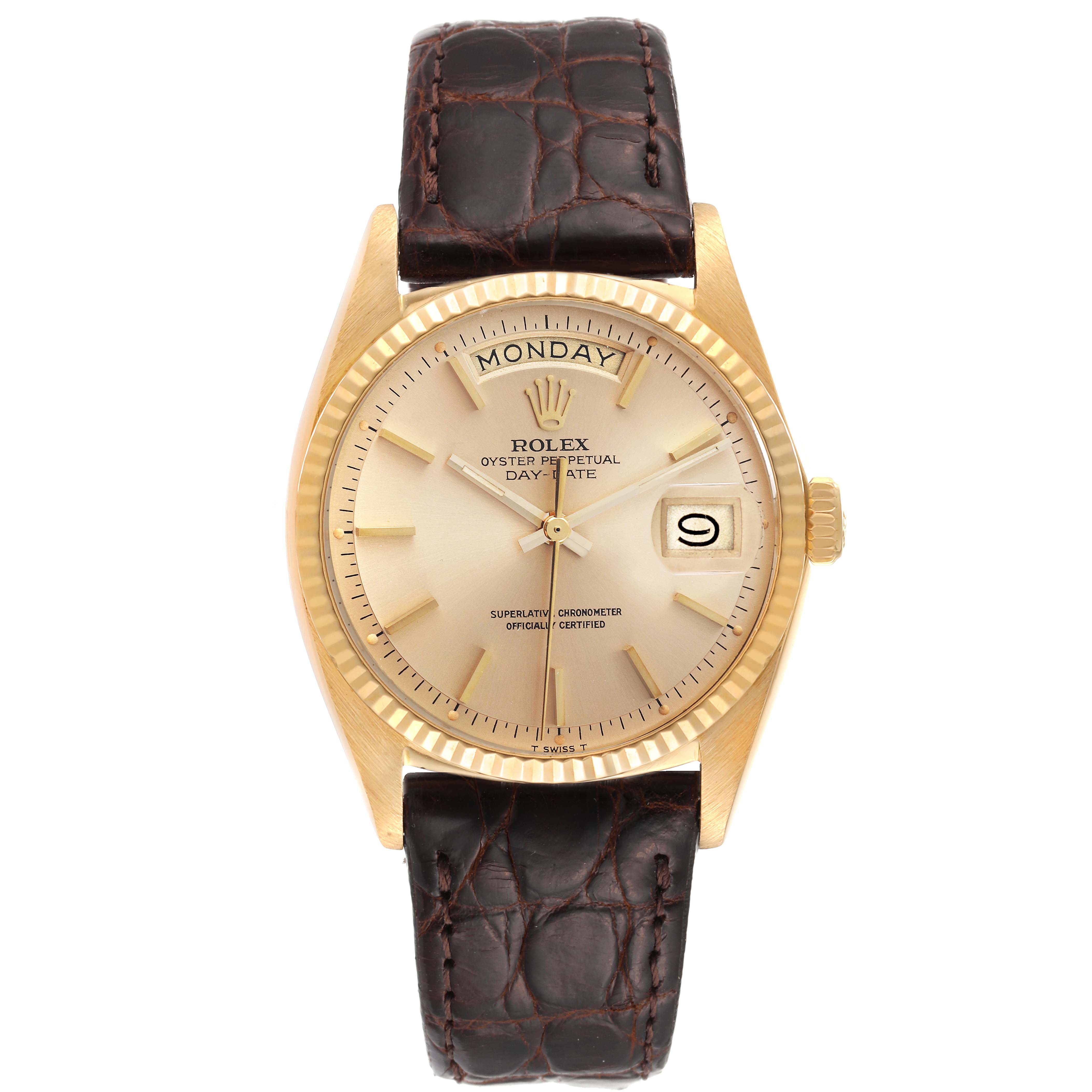 This is a front view of a Rolex watch with a leather strap, cream dial, and gold casing, but it is not a Milgauss model.