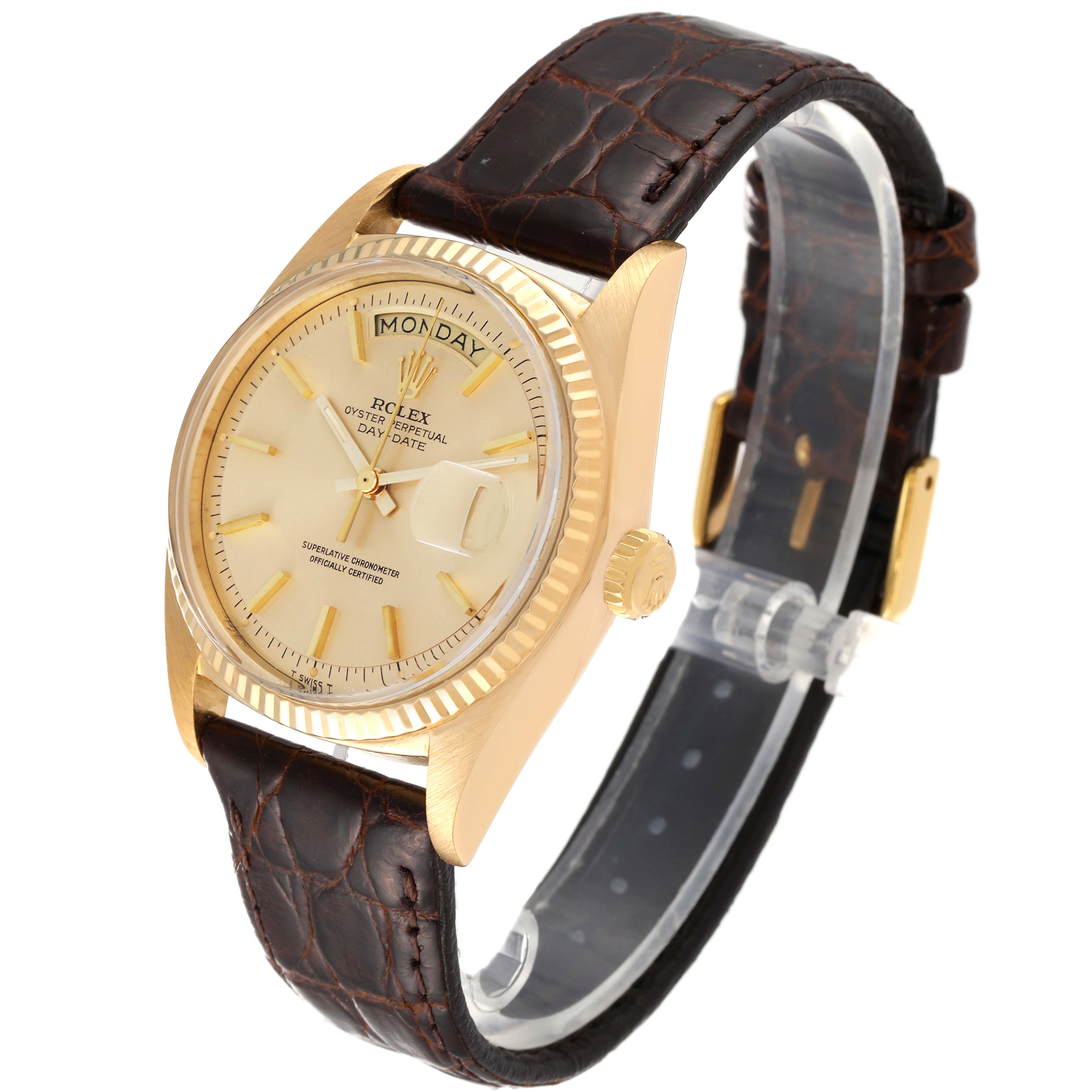 This image shows a Rolex Milgauss 1803 Men's Yellow Gold Champagne Dial 1803 Men's Yellow Gold Champagne Dial watch at a three-quarter angle, highlighting its face, bezel, crown, and leather strap.