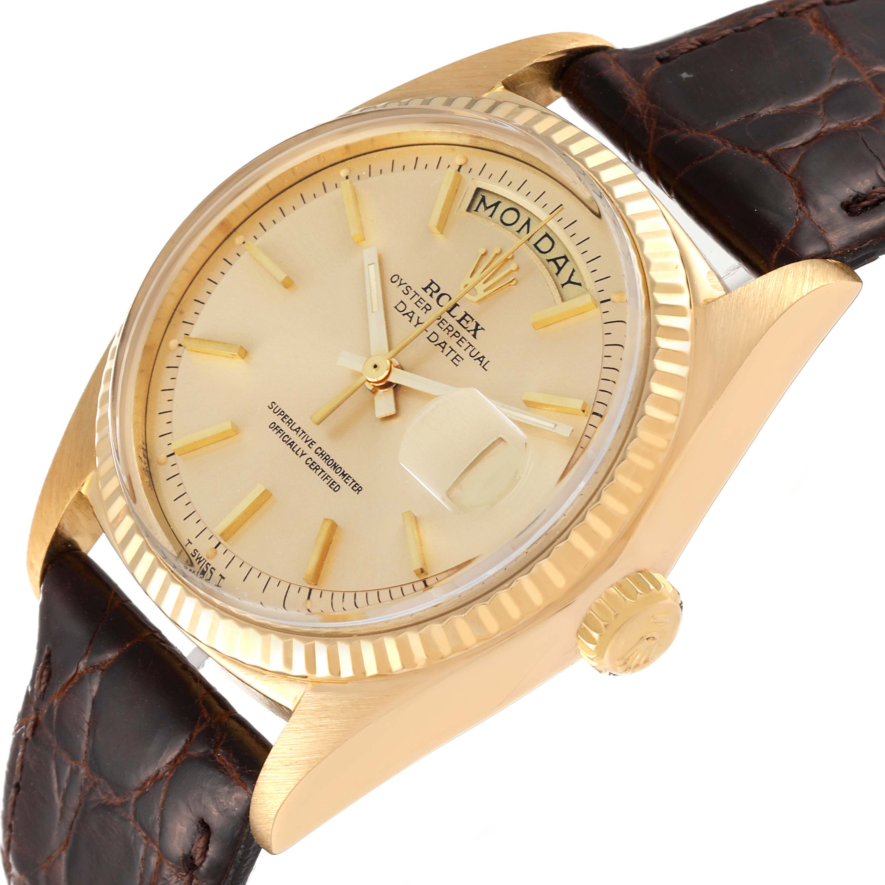 The image shows a Rolex Day-Date watch at an angled view, highlighting the gold case, dial, and brown leather strap.