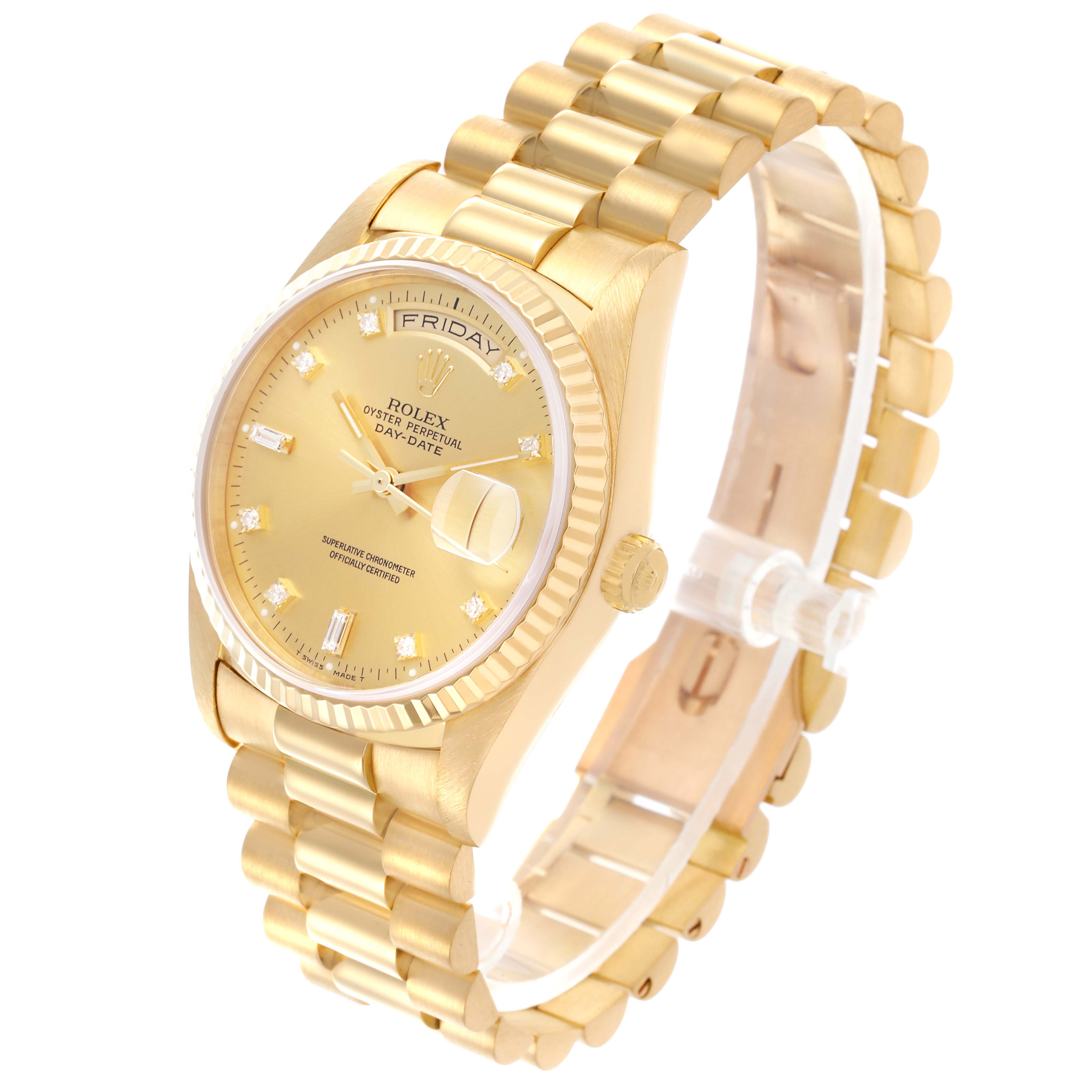 The Rolex President 18238 Men
s Yellow Gold Champagne Dial 18238 Men
s Yellow Gold Champagne Dial model is shown at a three-quarter angle, highlighting the gold bracelet and diamond dial.