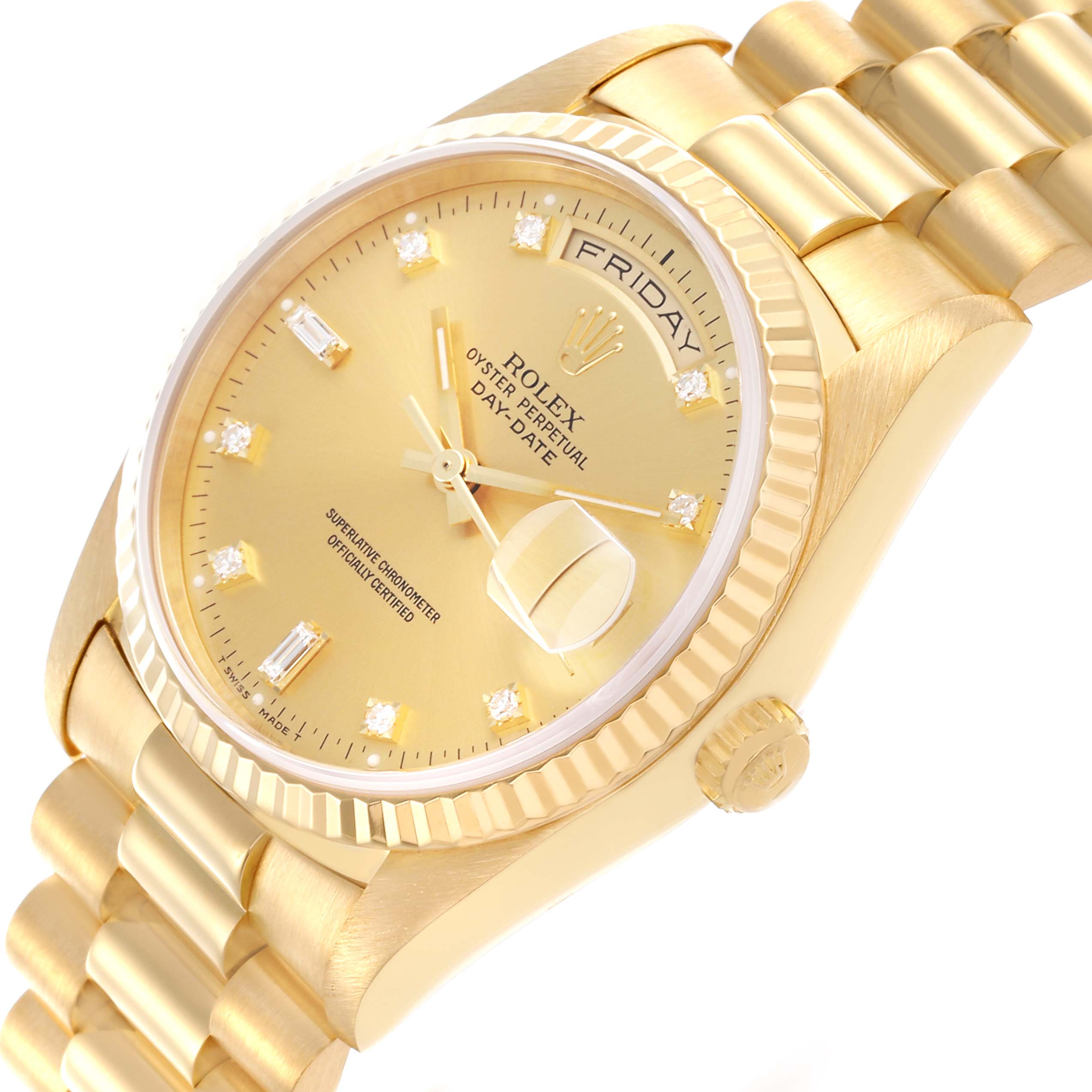 The Rolex President 18238 Men
s Yellow Gold Champagne Dial 18238 Men
s Yellow Gold Champagne Dial watch is shown from a tilted angle, featuring the dial, bezel, crown, and bracelet.