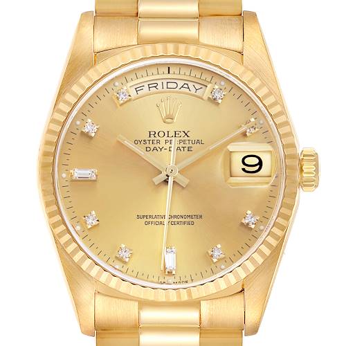 The Rolex President model is shown from the front, highlighting the gold dial, day/date display, and diamond hour markers.