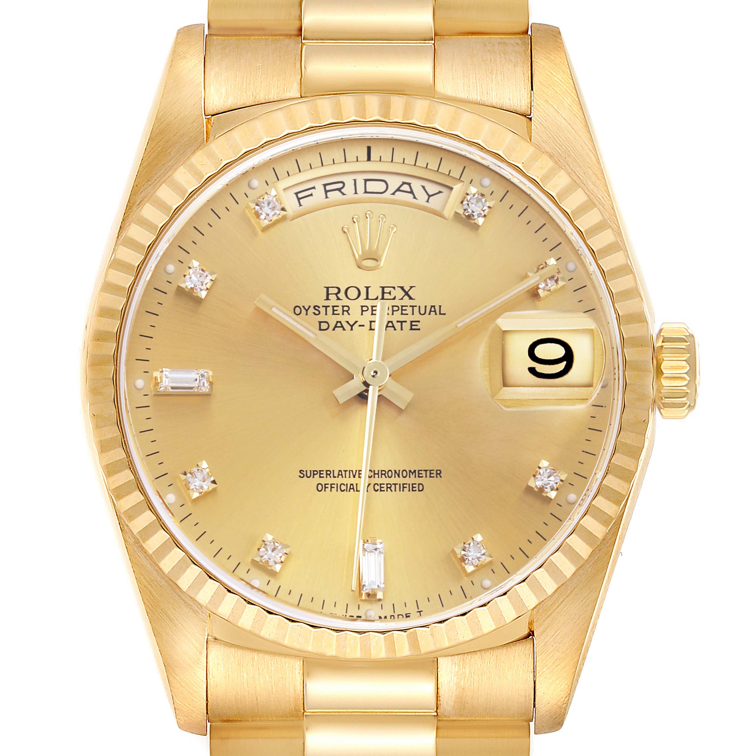 The Rolex President 18238 Men
s Yellow Gold Champagne Dial 18238 Men
s Yellow Gold Champagne Dial model watch is shown from a straight-on angle, featuring the dial, bezel, crown, and part of the bracelet.