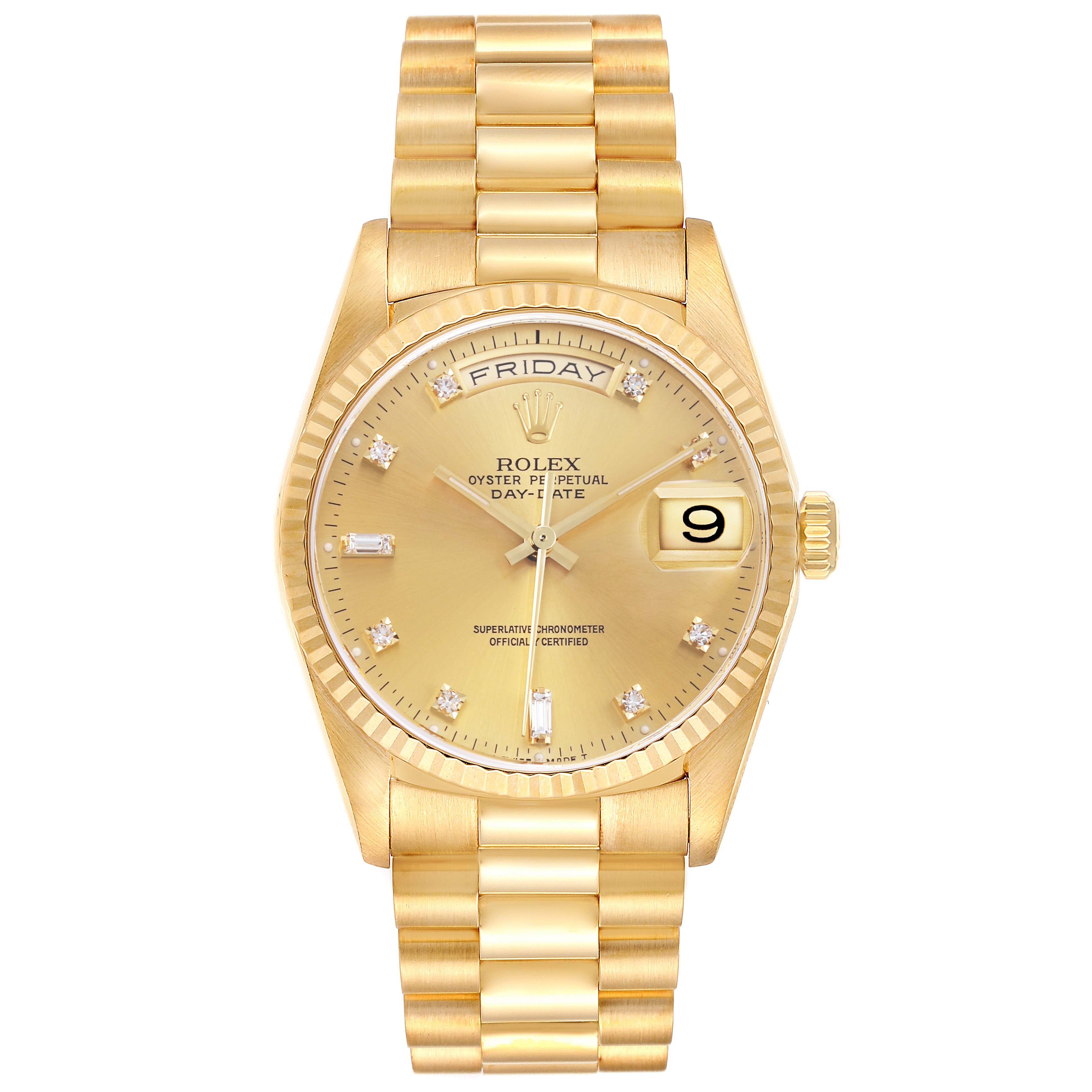 The Rolex President 18238 Men
s Yellow Gold Champagne Dial 18238 Men
s Yellow Gold Champagne Dial model is shown from a top-down angle, displaying the full face, dial, and bracelet.