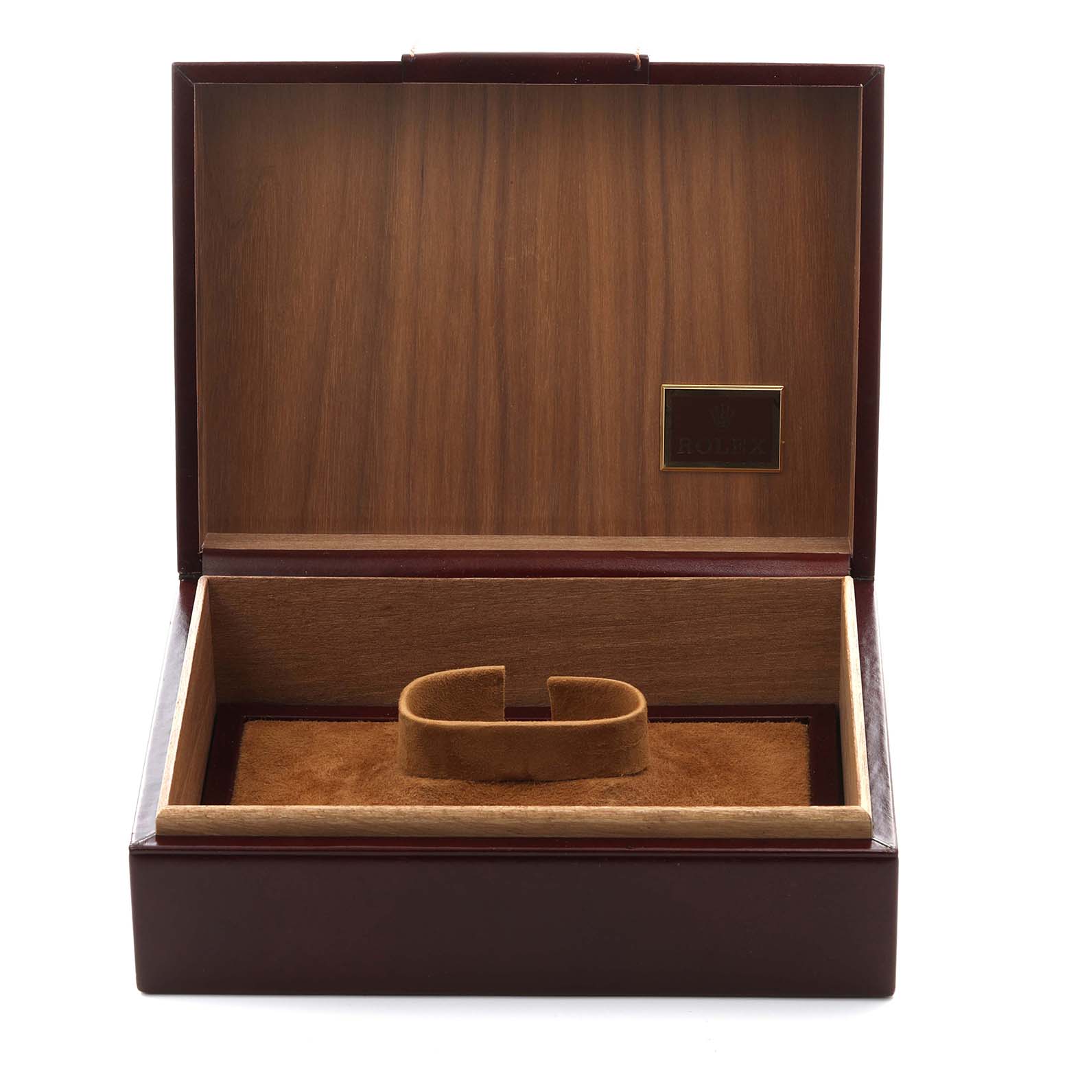The image shows an open wooden Rolex President 18238 Men
s Yellow Gold Champagne Dial 18238 Men
s Yellow Gold Champagne Dial watch box with a cushioned insert.