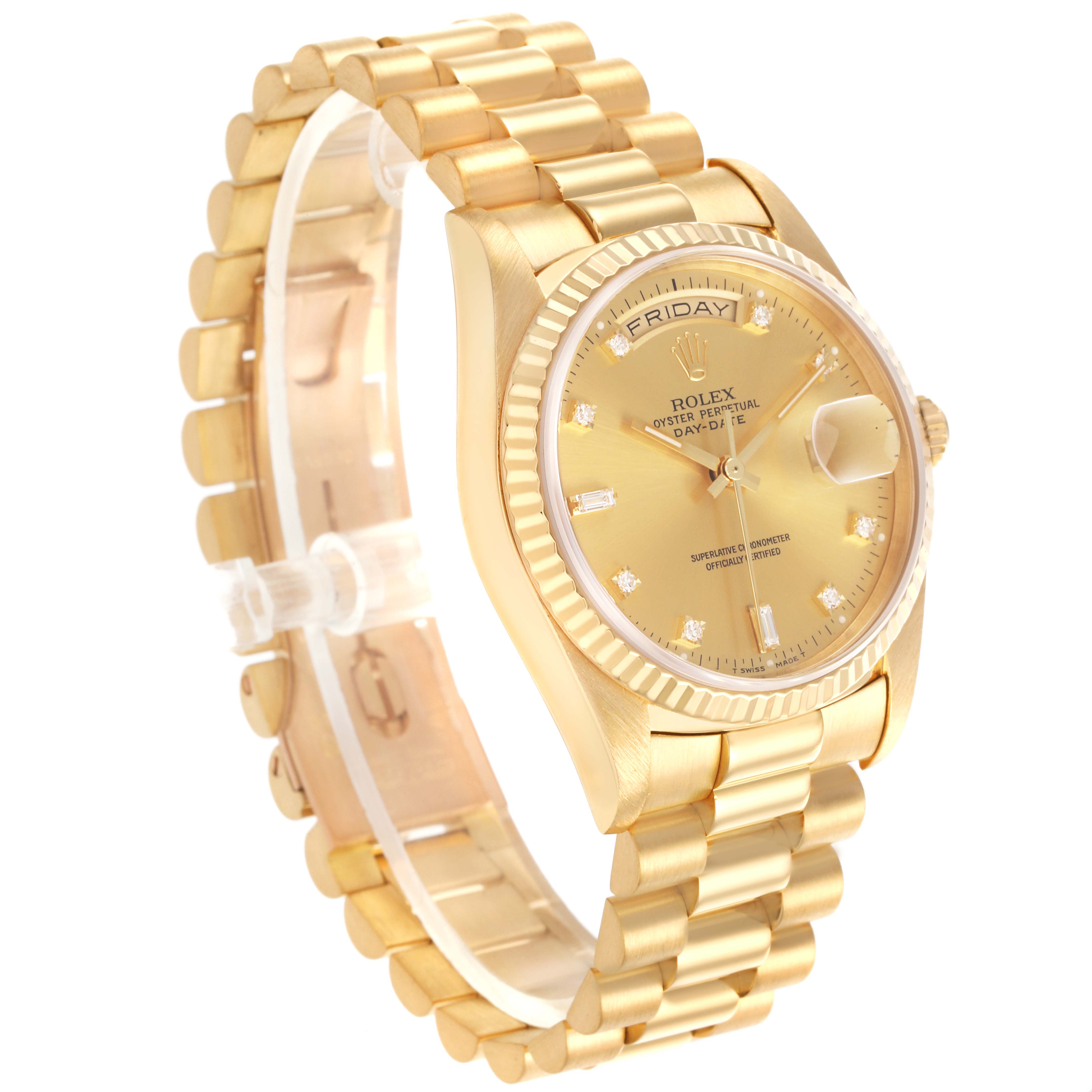 The Rolex President 18238 Men
s Yellow Gold Champagne Dial 18238 Men
s Yellow Gold Champagne Dial watch is shown from a side angle, highlighting the gold bracelet, bezel, and dial with day-date feature.