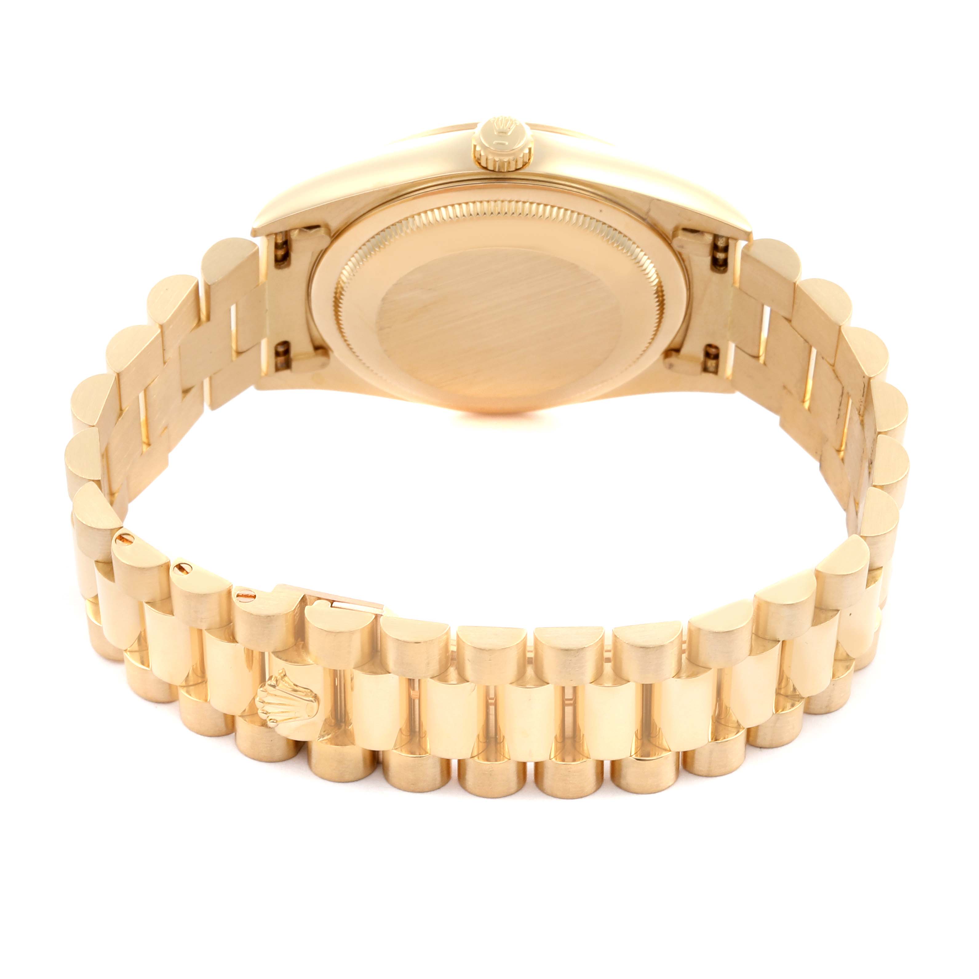 The Rolex President 18238 Men
s Yellow Gold Champagne Dial 18238 Men
s Yellow Gold Champagne Dial model is shown from the back, highlighting the case back and iconic gold bracelet.