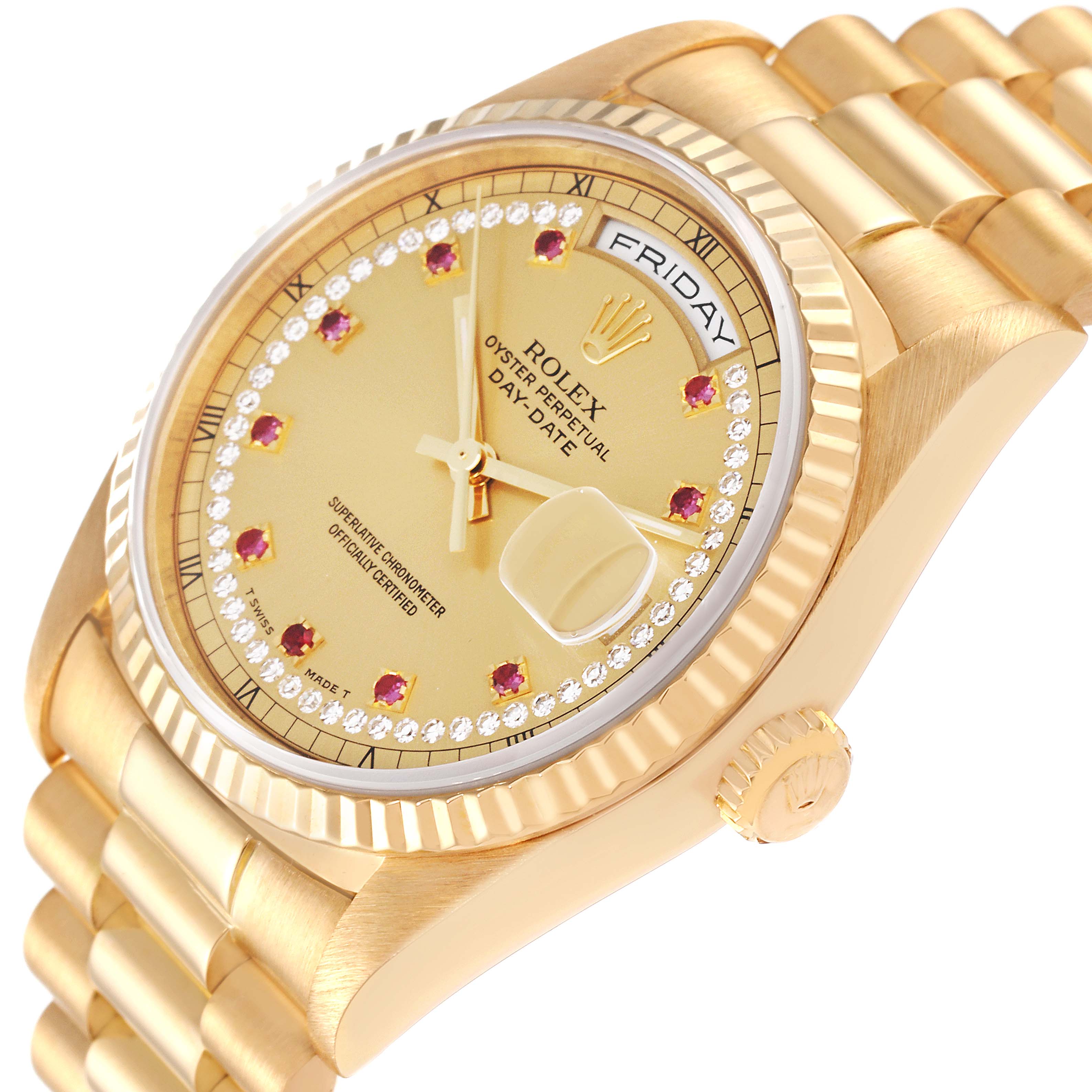 This image shows the Rolex President 18238 Men's Yellow Gold Champagne Dial 18238 Men's Yellow Gold Champagne Dial model watch, displaying its dial, bezel, and part of the bracelet from an angled perspective.