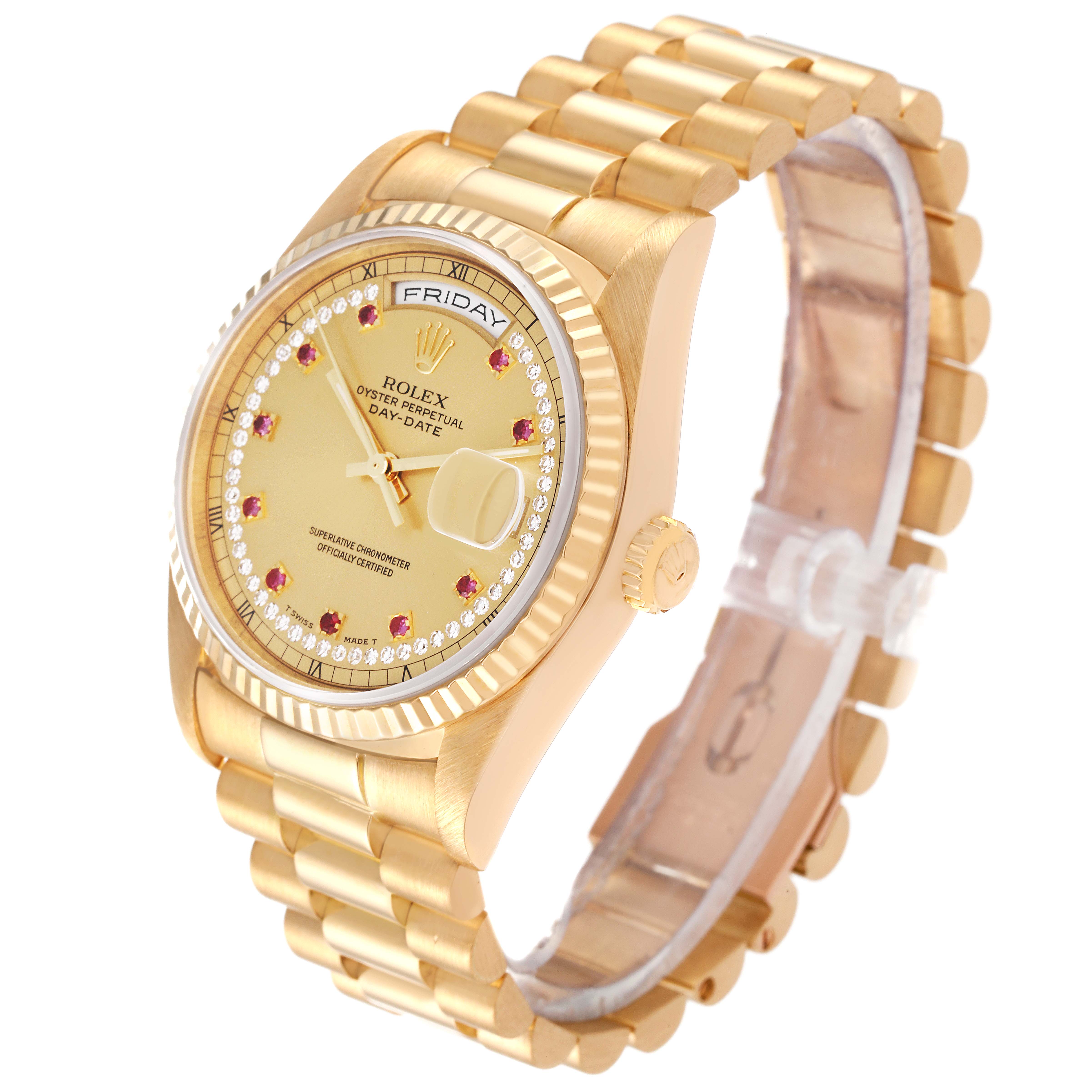 This image shows a President model Rolex watch at an angle displaying the dial, bezel, crown, and bracelet.