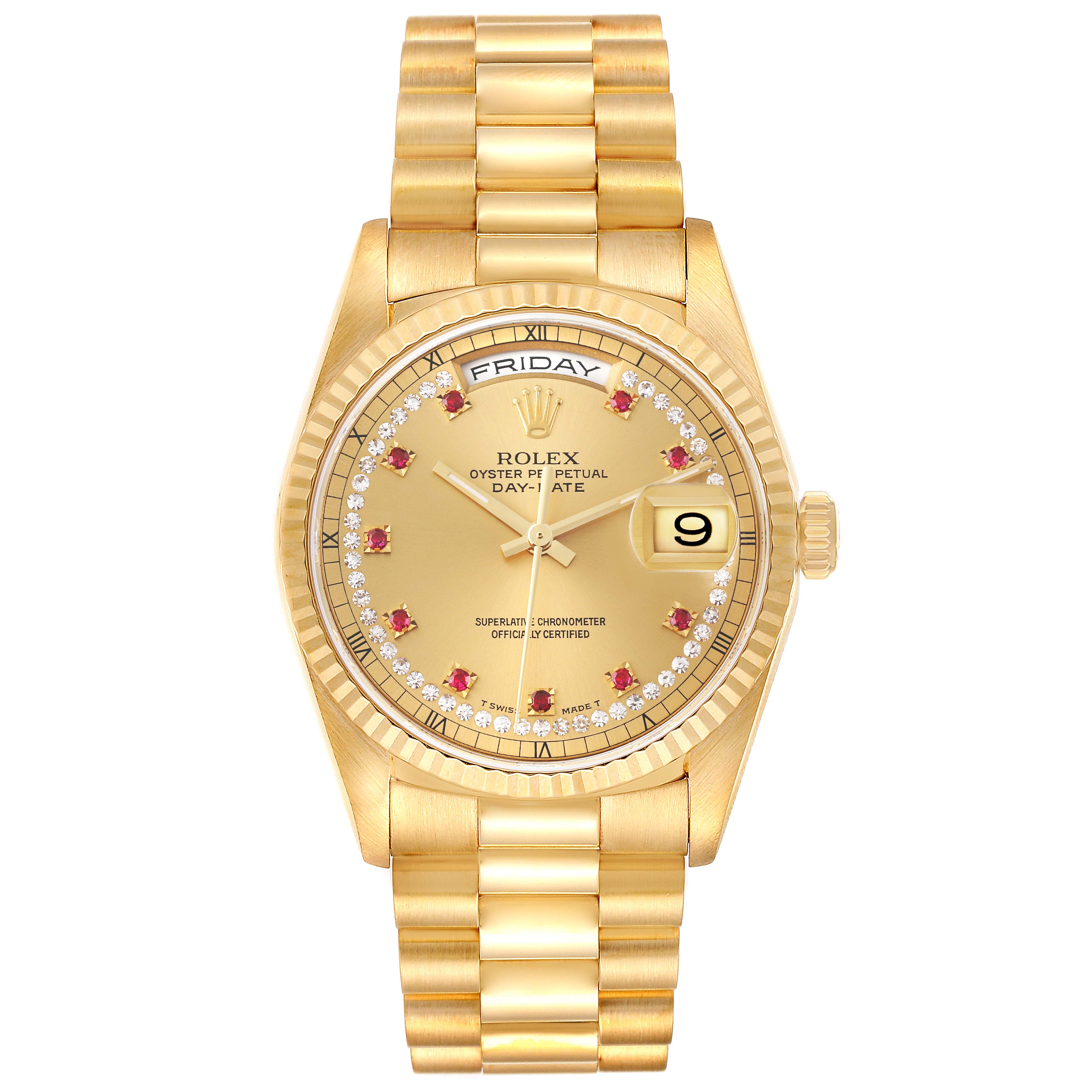 The image shows a front view of a Rolex President 18238 Men's Yellow Gold Champagne Dial 18238 Men's Yellow Gold Champagne Dial model watch with a gold bracelet, diamond and ruby hour markers, and a date window.