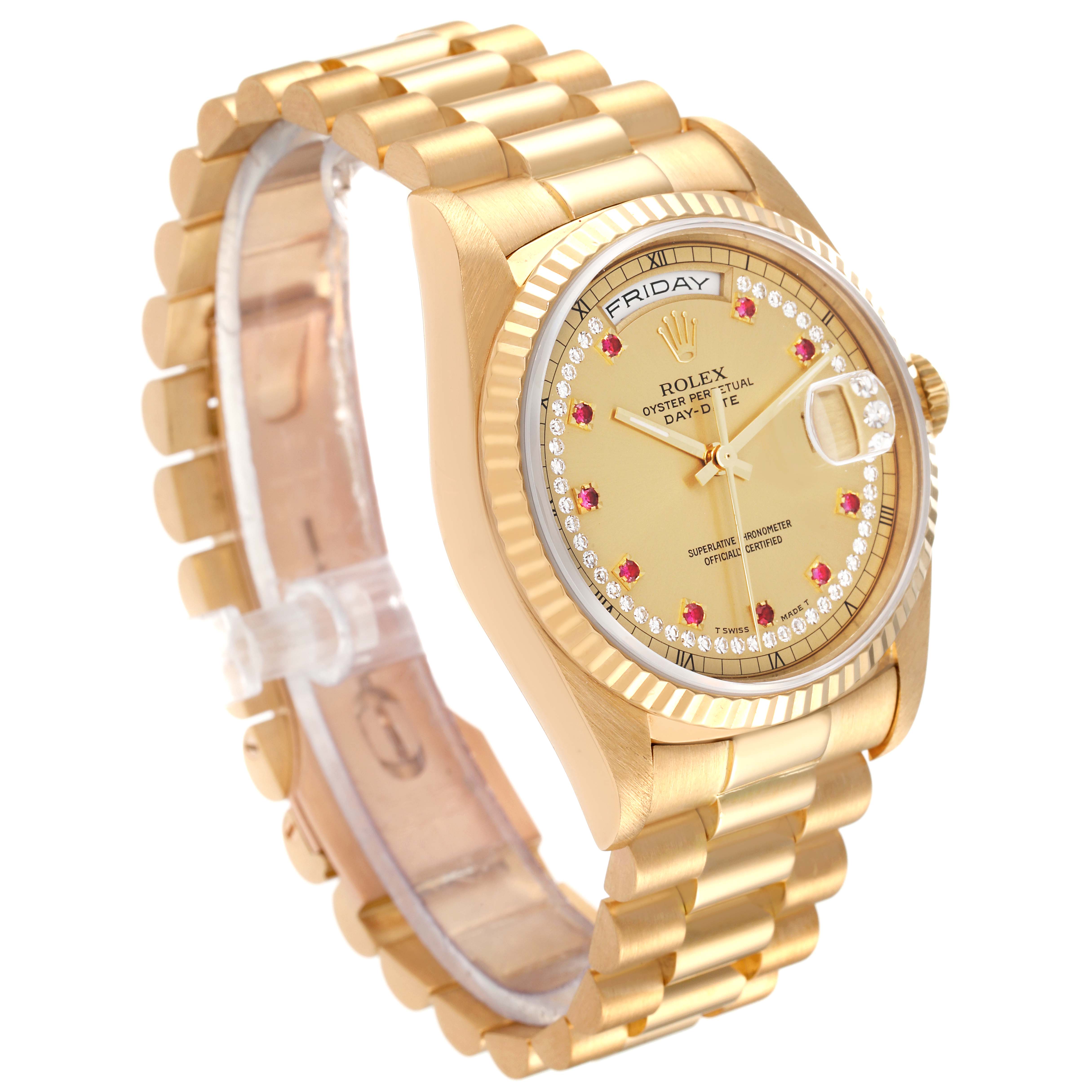 The image shows a Rolex President 18238 Men's Yellow Gold Champagne Dial 18238 Men's Yellow Gold Champagne Dial model watch at an angled view, highlighting the band, dial, and time indicators.