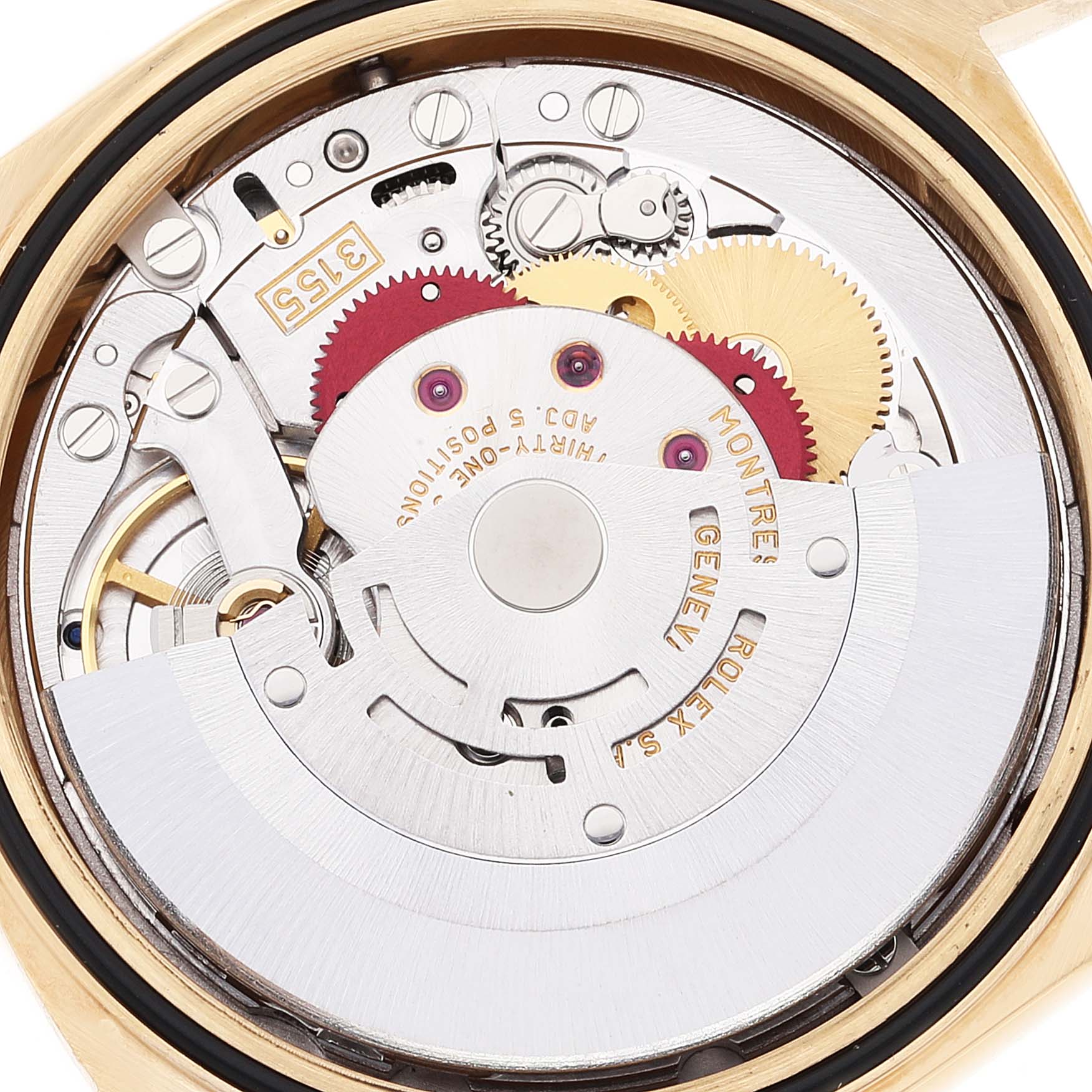 This image shows the internal movement mechanism of a Rolex President 18238 Men's Yellow Gold Champagne Dial 18238 Men's Yellow Gold Champagne Dial model watch, viewed from the back.