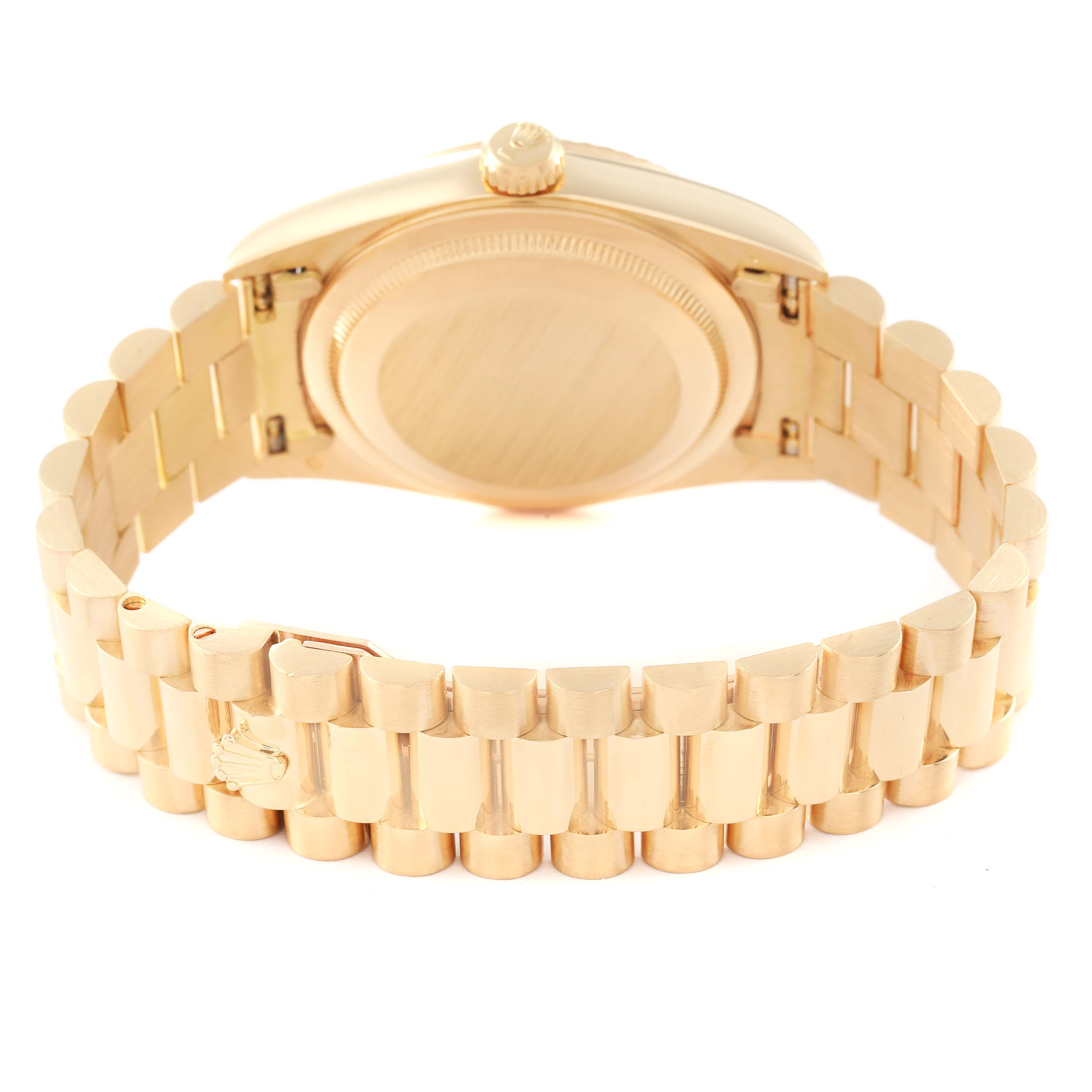 This image shows the back view and bracelet of the Rolex President 18238 Men's Yellow Gold Champagne Dial 18238 Men's Yellow Gold Champagne Dial model watch.