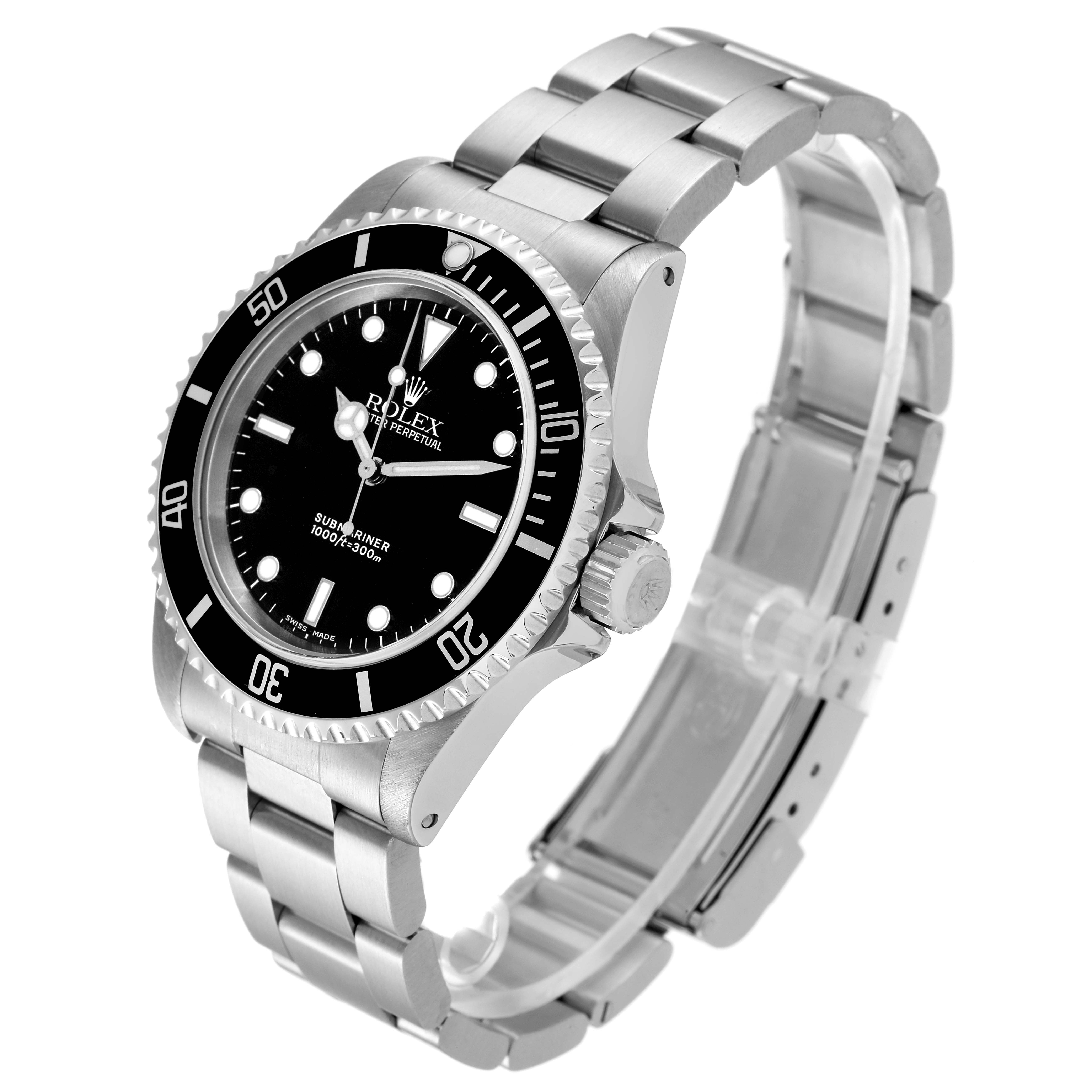 The image shows a stainless steel Rolex Submariner 14060 Men
s Stainless Steel Black Dial 14060 Men
s Stainless Steel Black Dial watch, displaying its face, bezel, crown, and bracelet from a three-quarter angle.