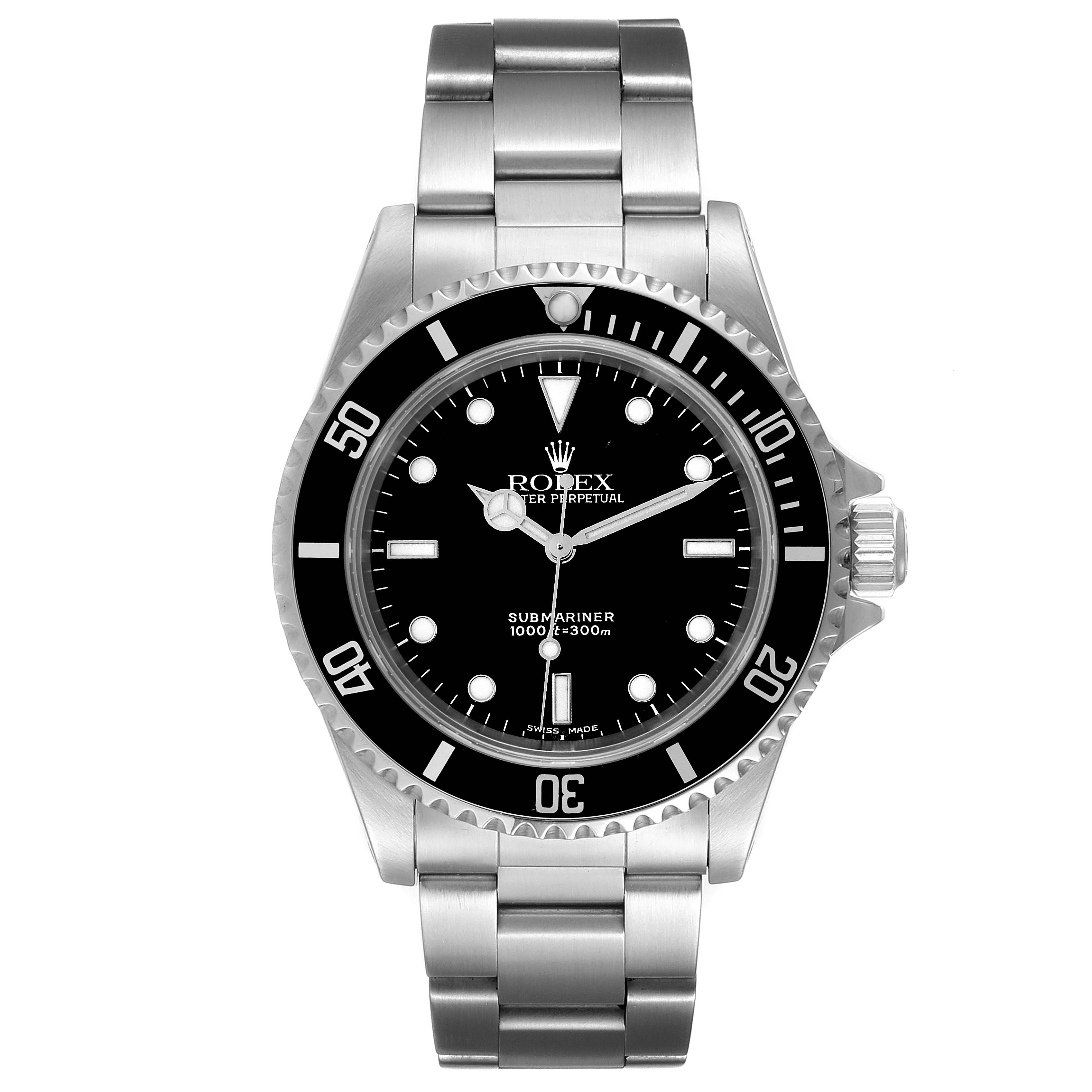 This image shows a front view of a Rolex Submariner 14060 Men
s Stainless Steel Black Dial 14060 Men
s Stainless Steel Black Dial watch, displaying its face, bezel, and bracelet.