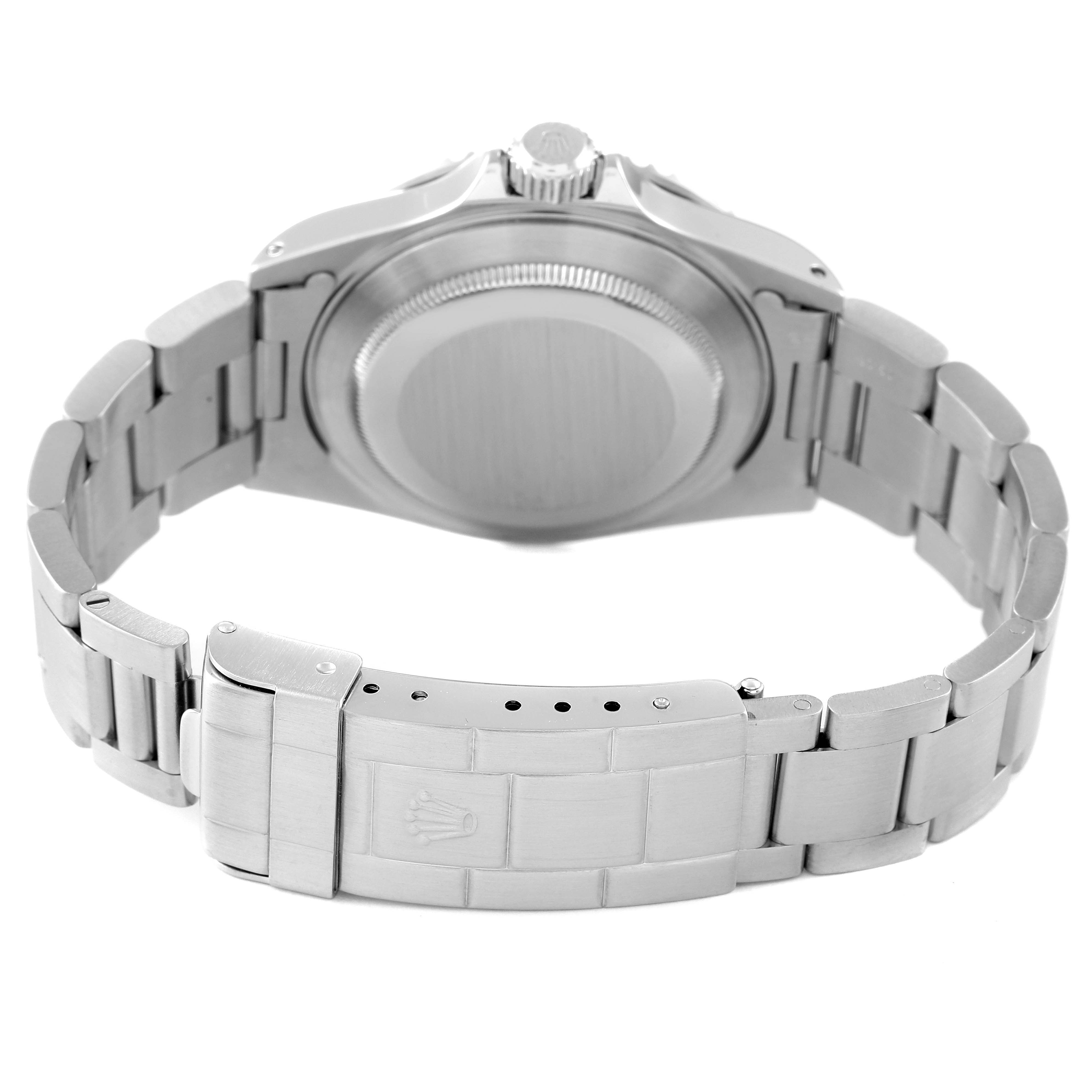 This image displays the back view of a Rolex Submariner 14060 Men
s Stainless Steel Black Dial 14060 Men
s Stainless Steel Black Dial watch, showcasing its case back and bracelet.