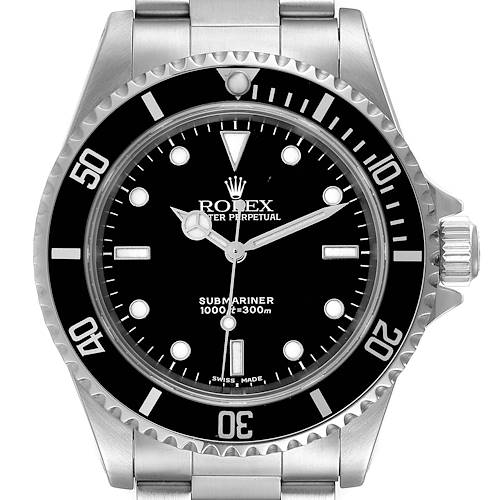 The image shows a front-facing view of the Rolex Submariner watch, highlighting its dial, bezel, and crown.